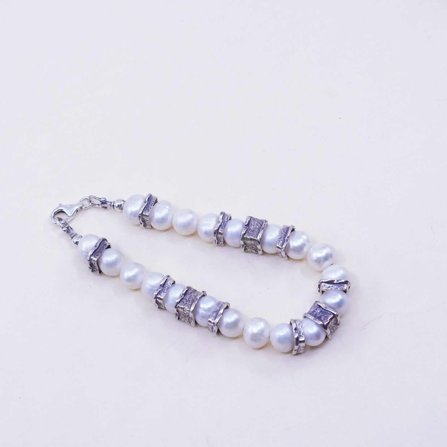 7.25” 9mm, Vintage handmade bracelet, freshwater pearl with 925 silver clasp