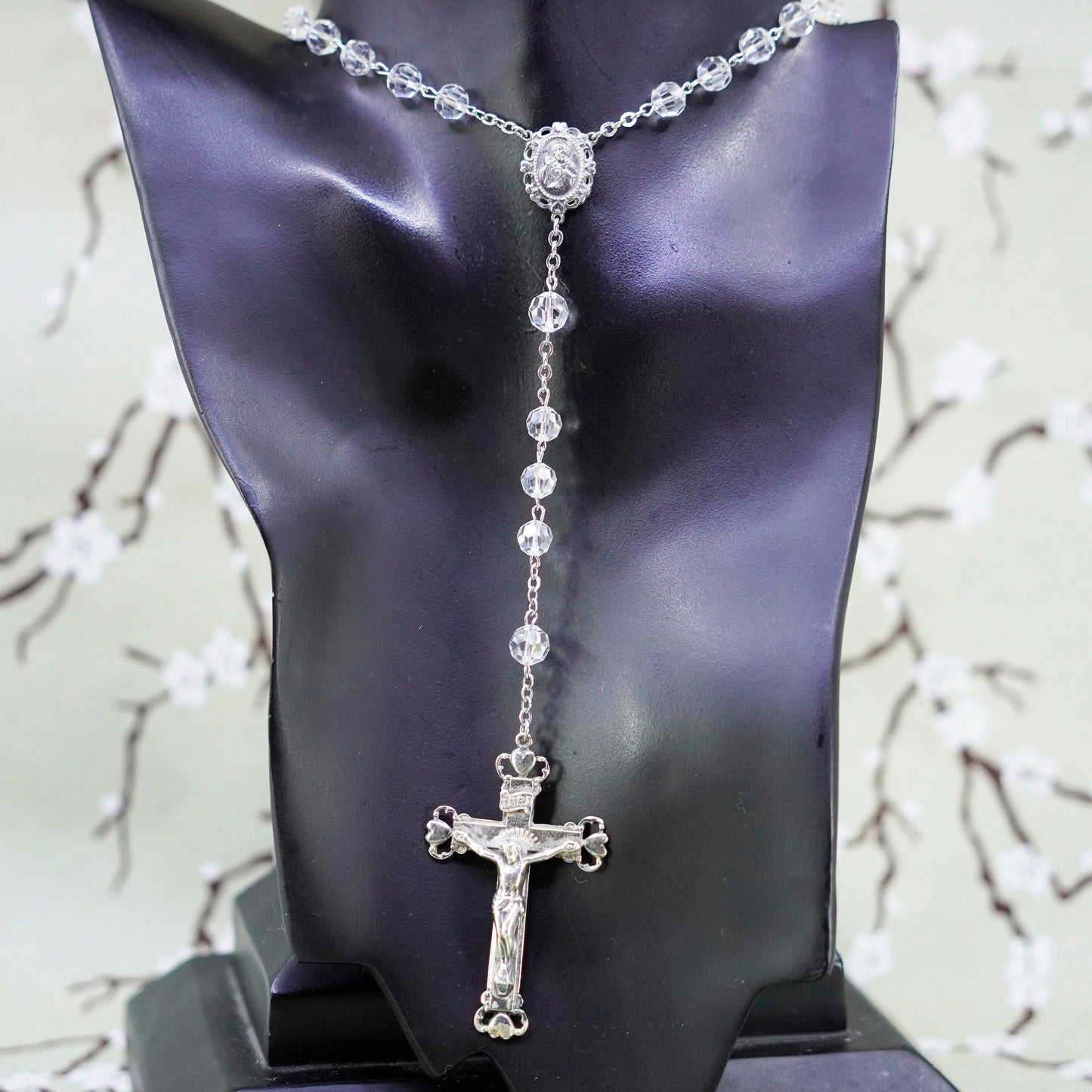 28”, Chapel sterling 925 silver rosary necklace w/ cross pendant crystal beads