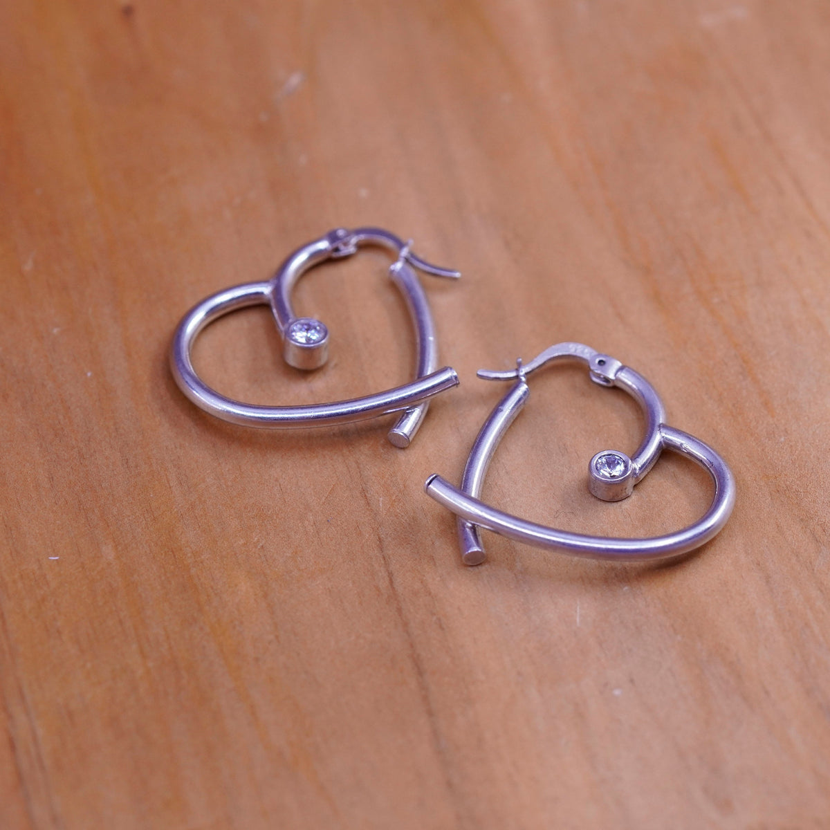 1”, vintage Sterling 925 silver heart hoop earrings with cz, 925 huggie