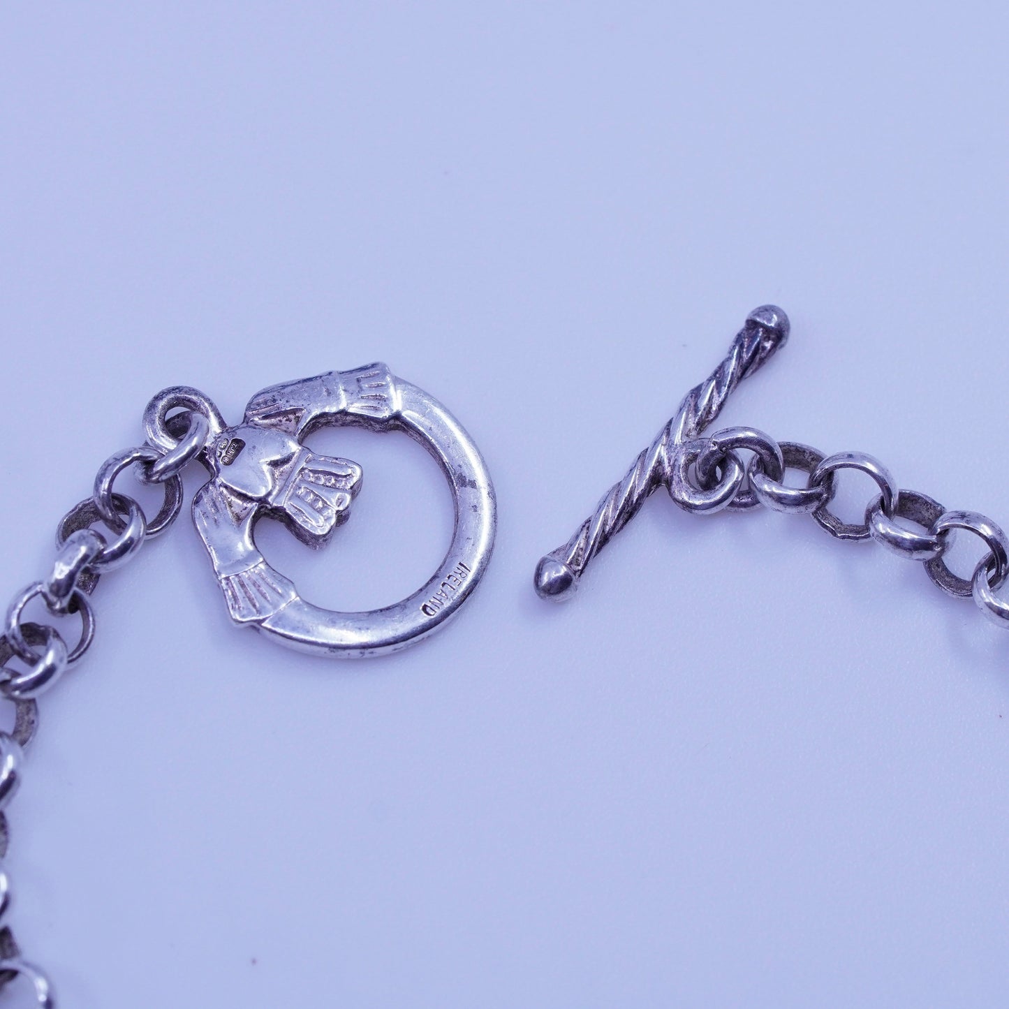7”, Viking Sterling silver bracelet 925 bold circle chain claddagh heart closure