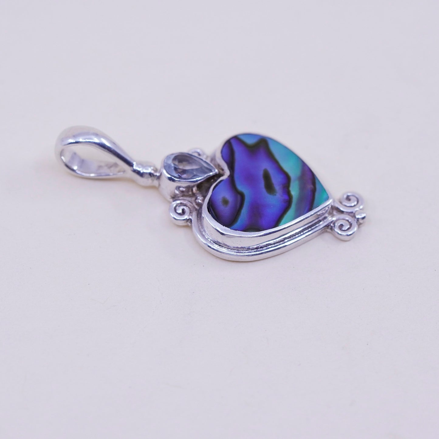 Vintage sajen Sterling 925 silver heart pendant with abalone and topaz