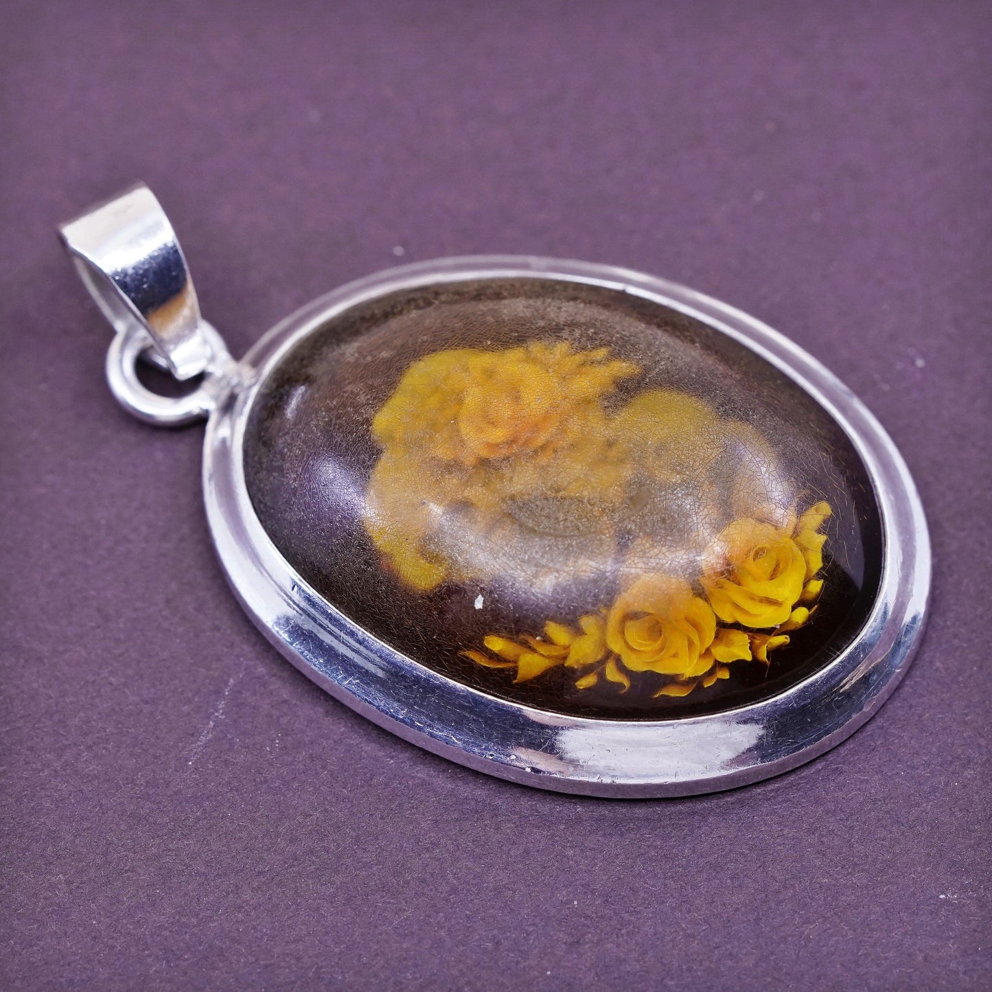 Vintage Sterling 925 silver handmade pendant with Amber cameo portrait