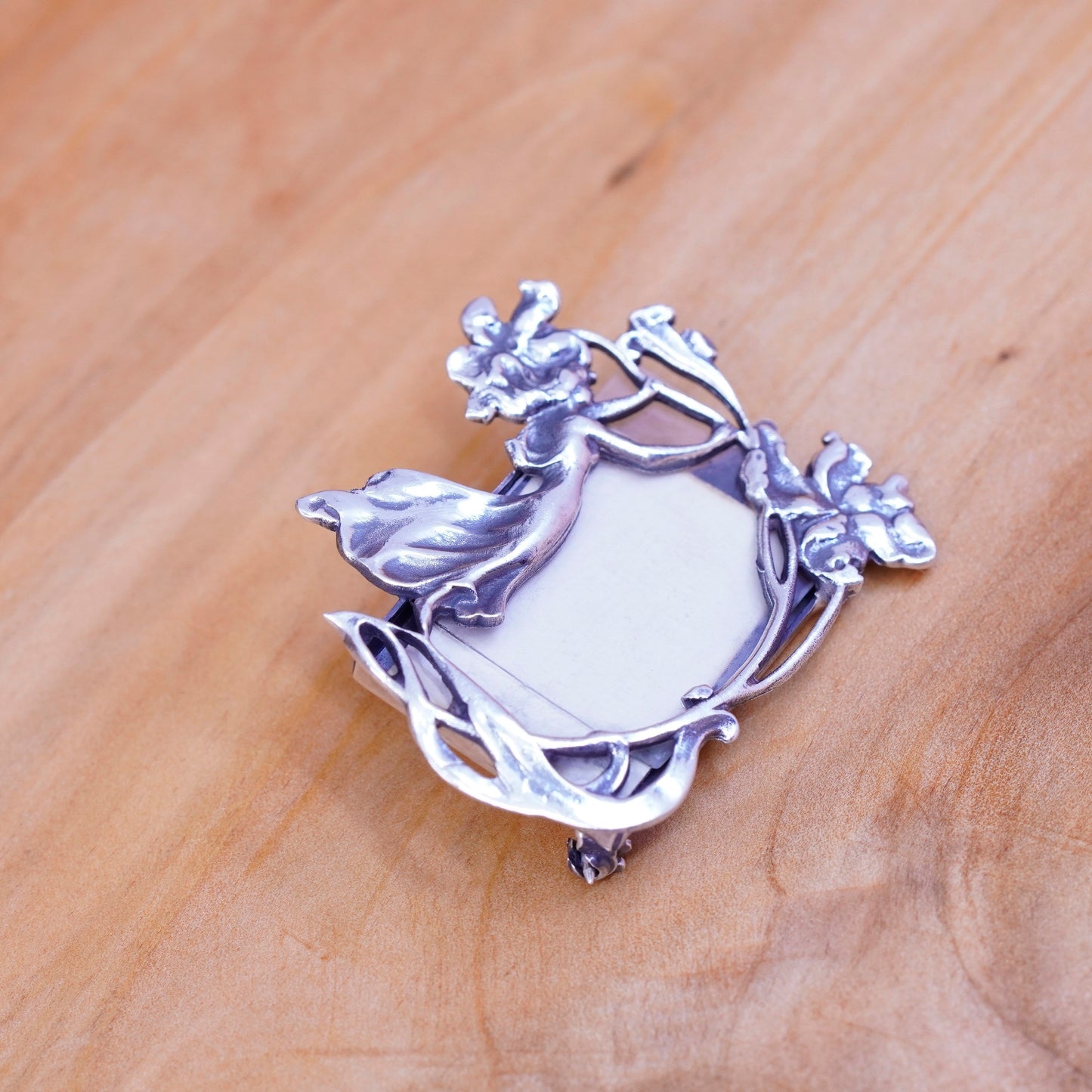 Vintage southwestern handmade sterling 925 flower with fairy photo brooch