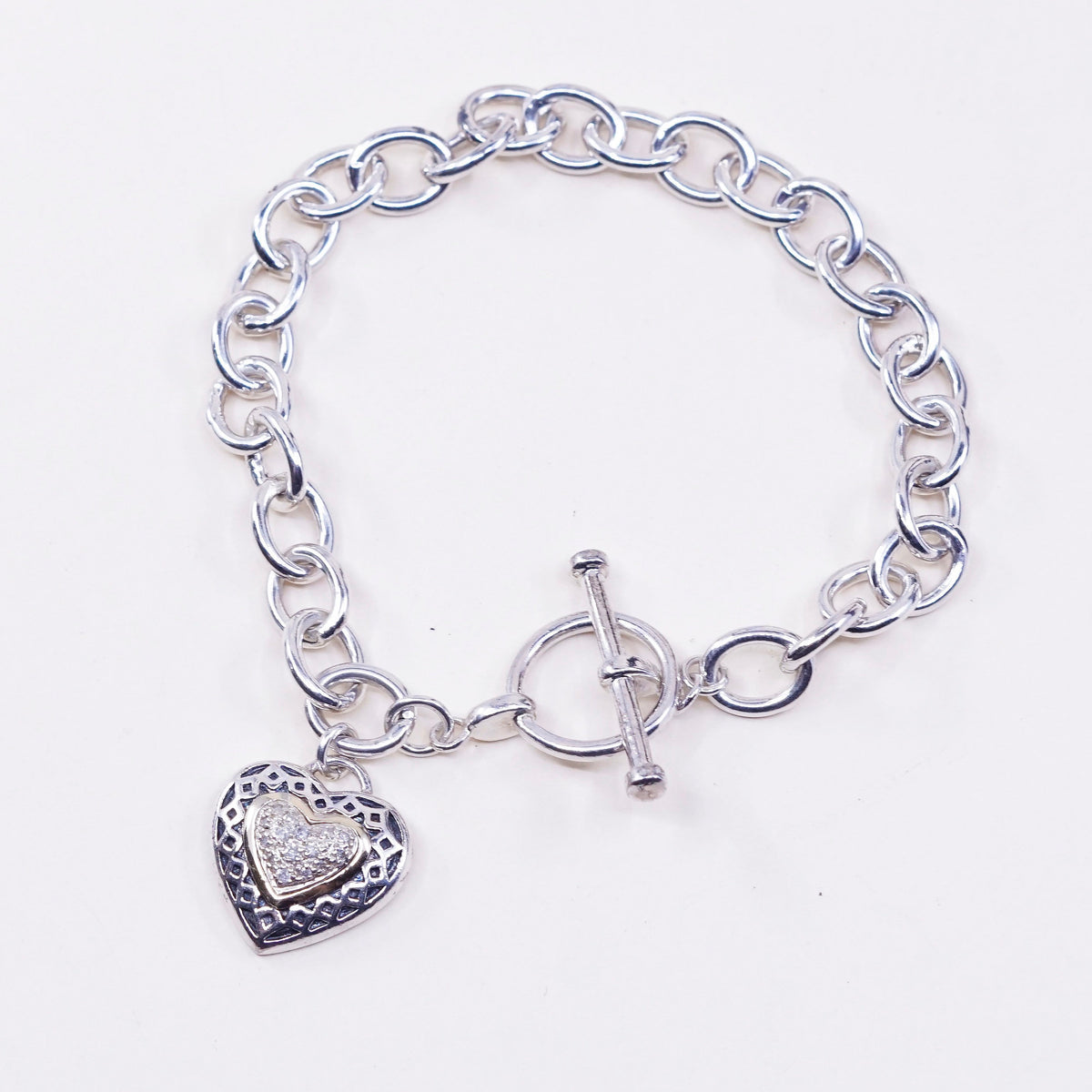7”, 14K gold w/ sterling silver bracelet, 925 circle chain w/ heart charm