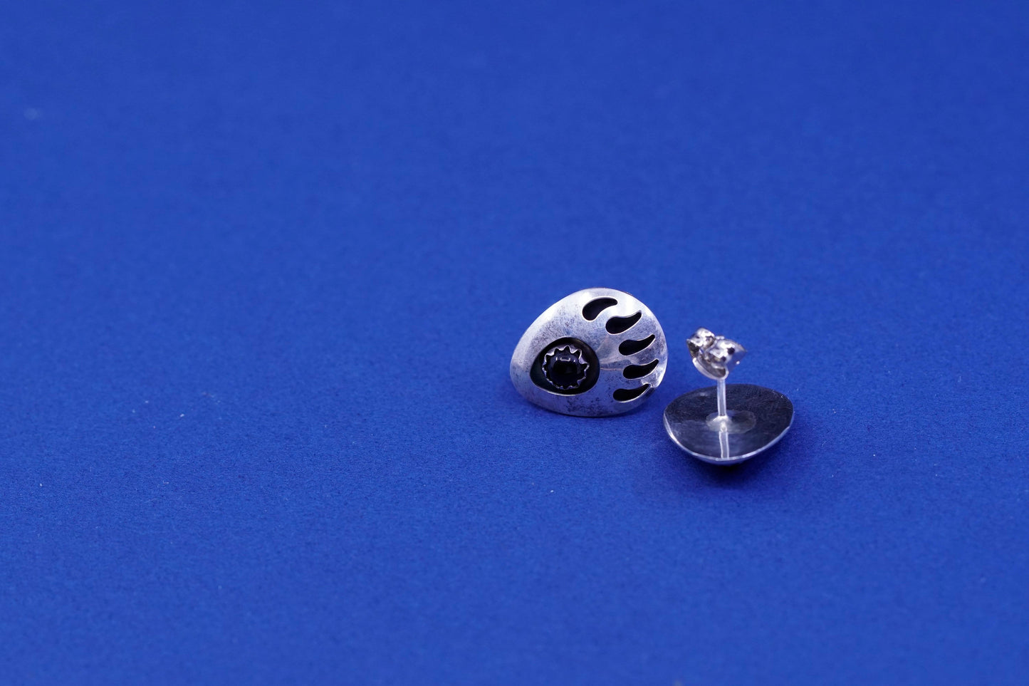 Native American sterling silver handmade earrings, 925 bear paw studs obsidian
