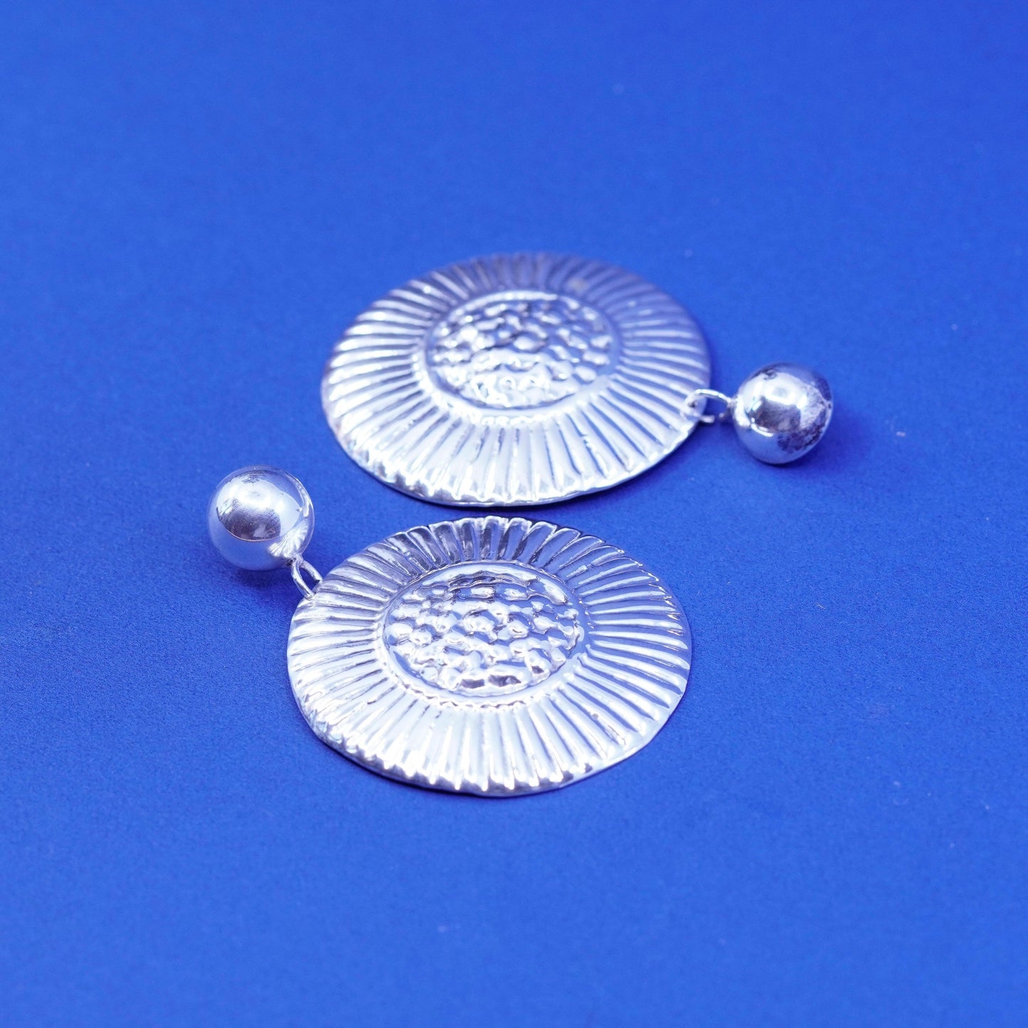Vintage Sterling Silver handmade Earrings. Huge 925 ribbed circle disc