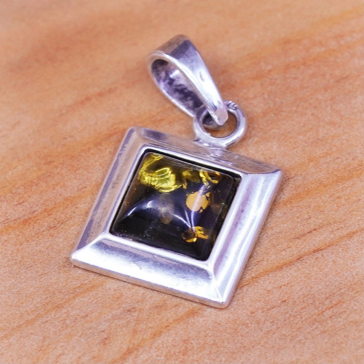 Vintage Sterling silver handmade pendant, 925 square with Amber