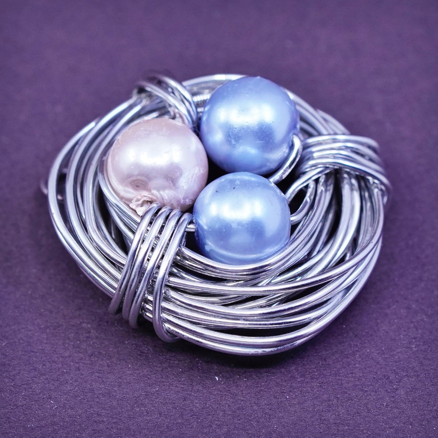 Vintage silver tone handmade pendant, wired bird nest with faux pearl