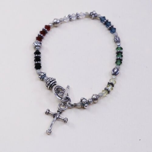 6.25”, Vtg Sterling 925 Silver Handmade bracelet W/ Crystal Beads N Cross Charm