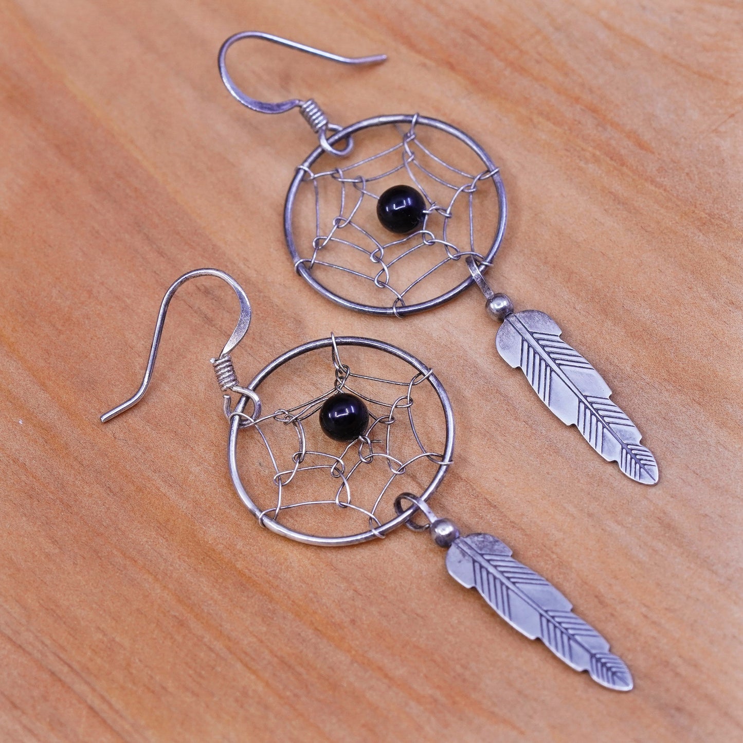 Native American Shawn Cayatineto Sterling 925 silver earrings w/ feather drops