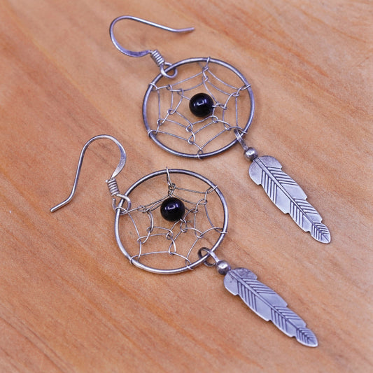 Native American Shawn Cayatineto Sterling 925 silver earrings w/ feather drops
