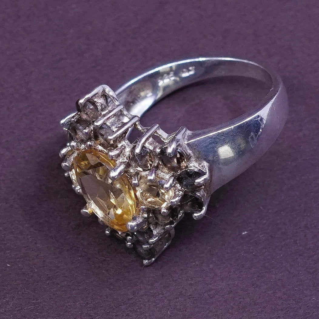 sz 7.75, vtg Sterling silver handmade statement ring, 925 w/ cluster citrine