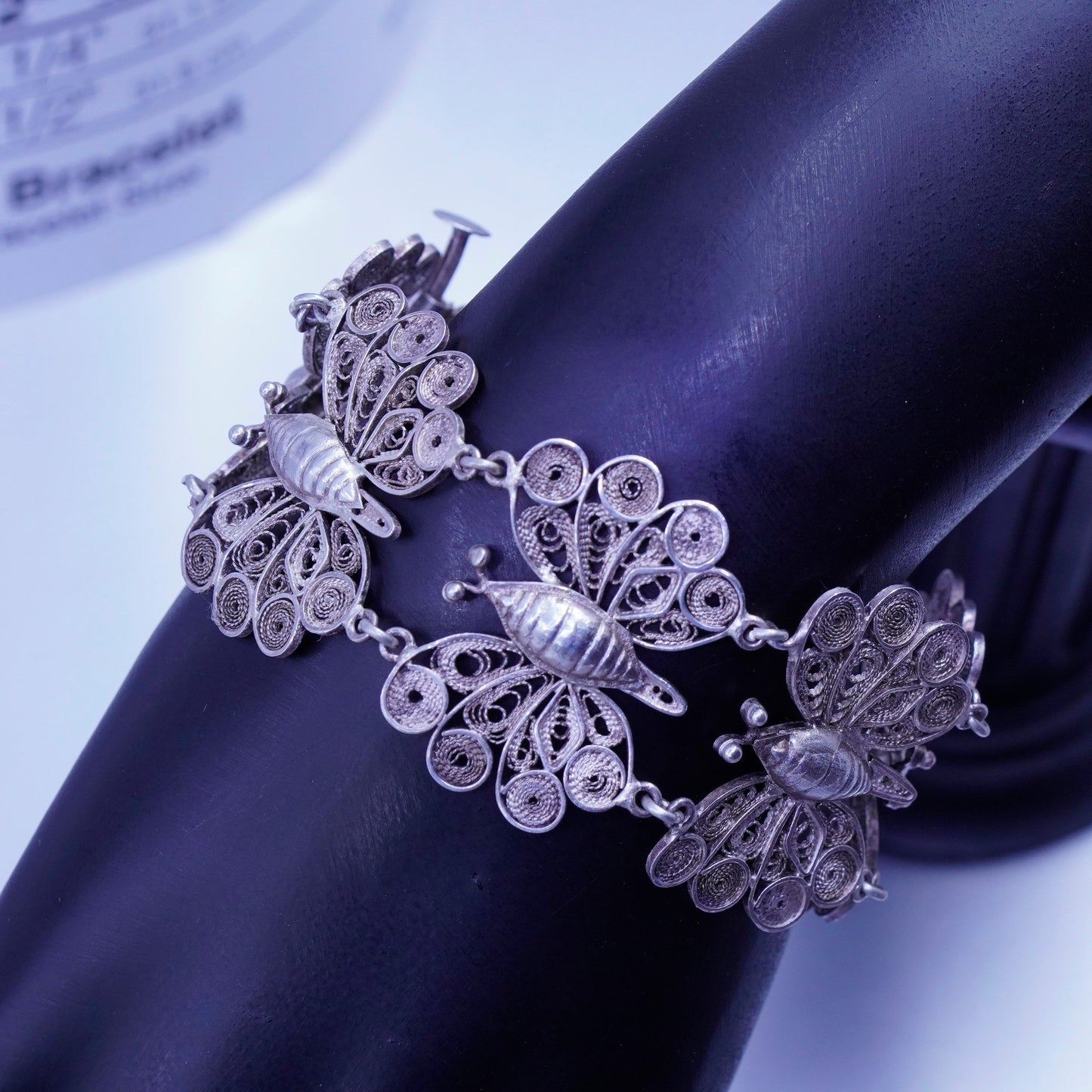 6”, vintage Sterling 925 silver handmade bracelet, filigree butterfly