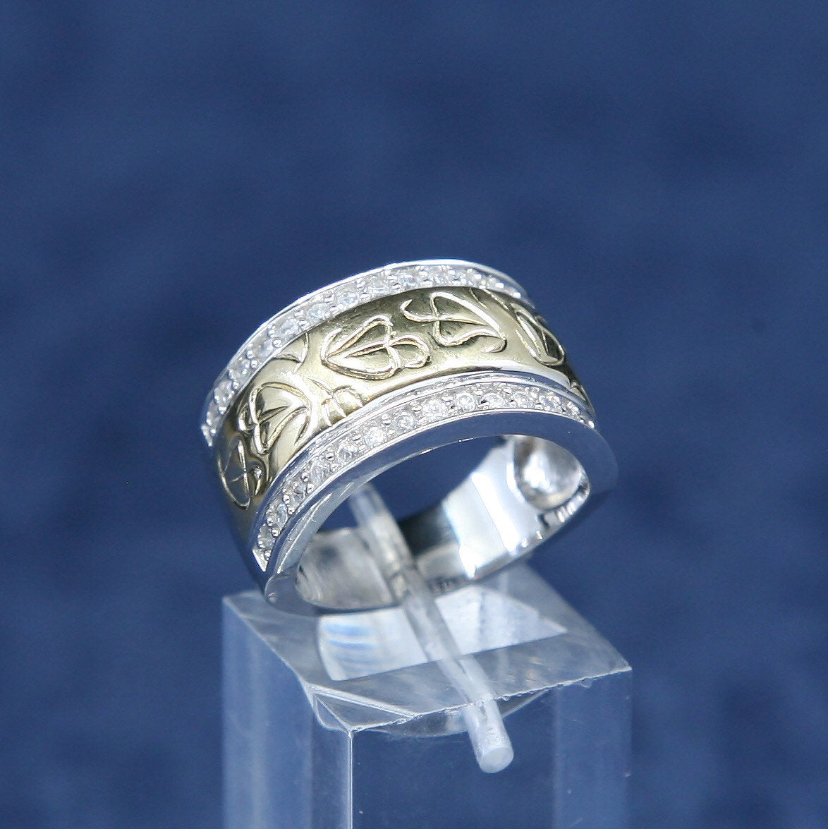 sz 7, vtg two tone sterling 925 silver band ring w/ cluster crystal