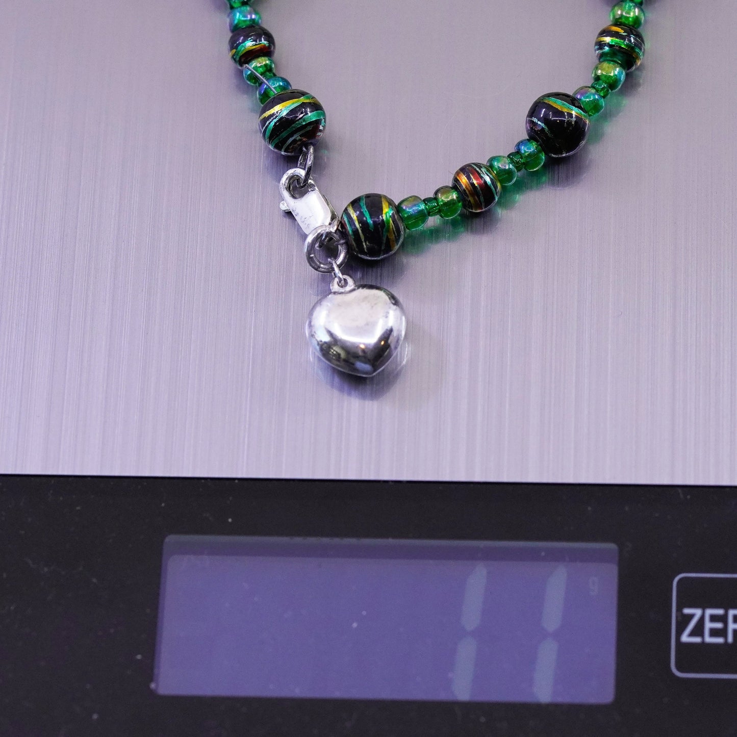 7.5”, Vintage handmade Sterling 925 silver bracelet with blue beads heart charm
