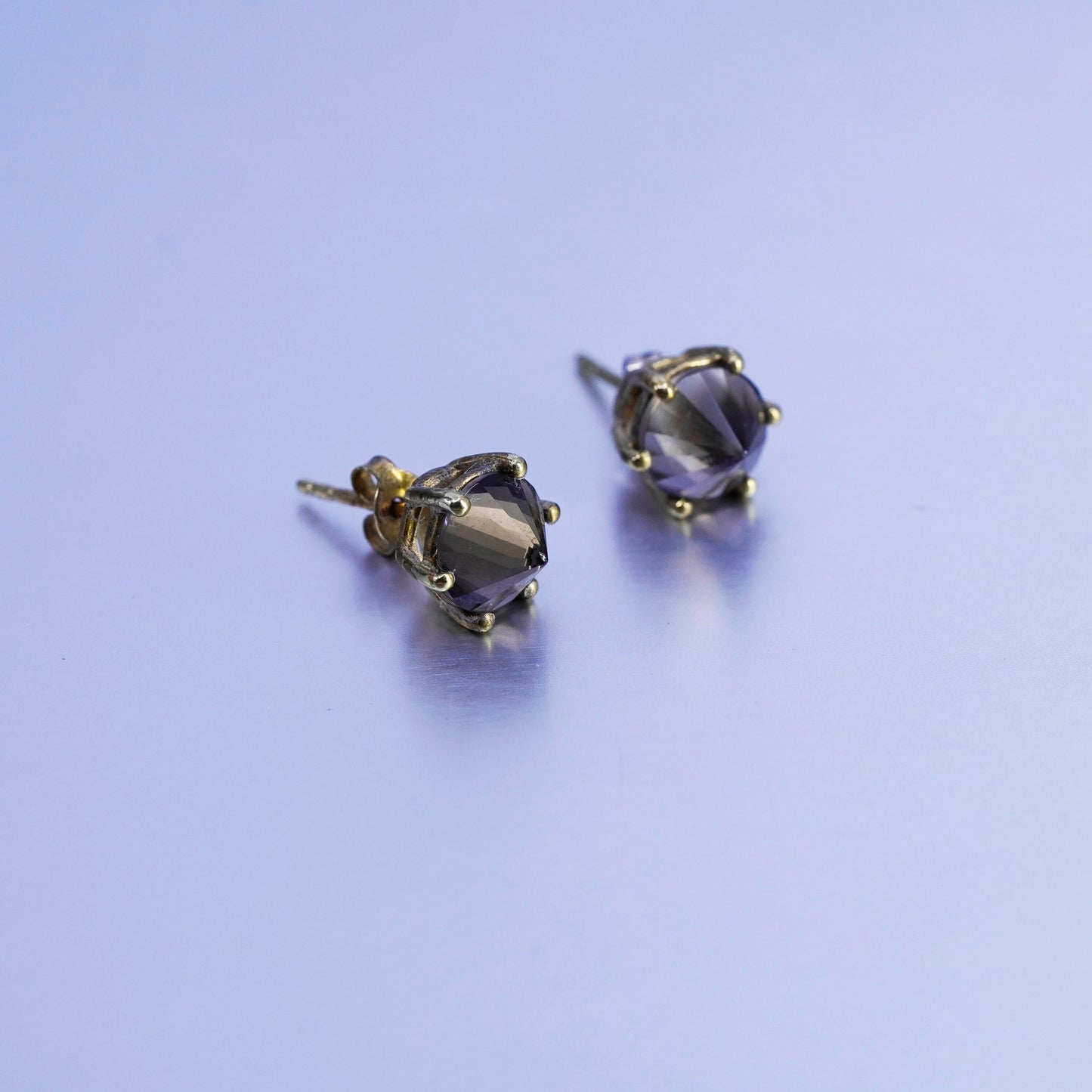 Vintage vermeil gold over Sterling 925 silver earrings, crown studs smoky topaz