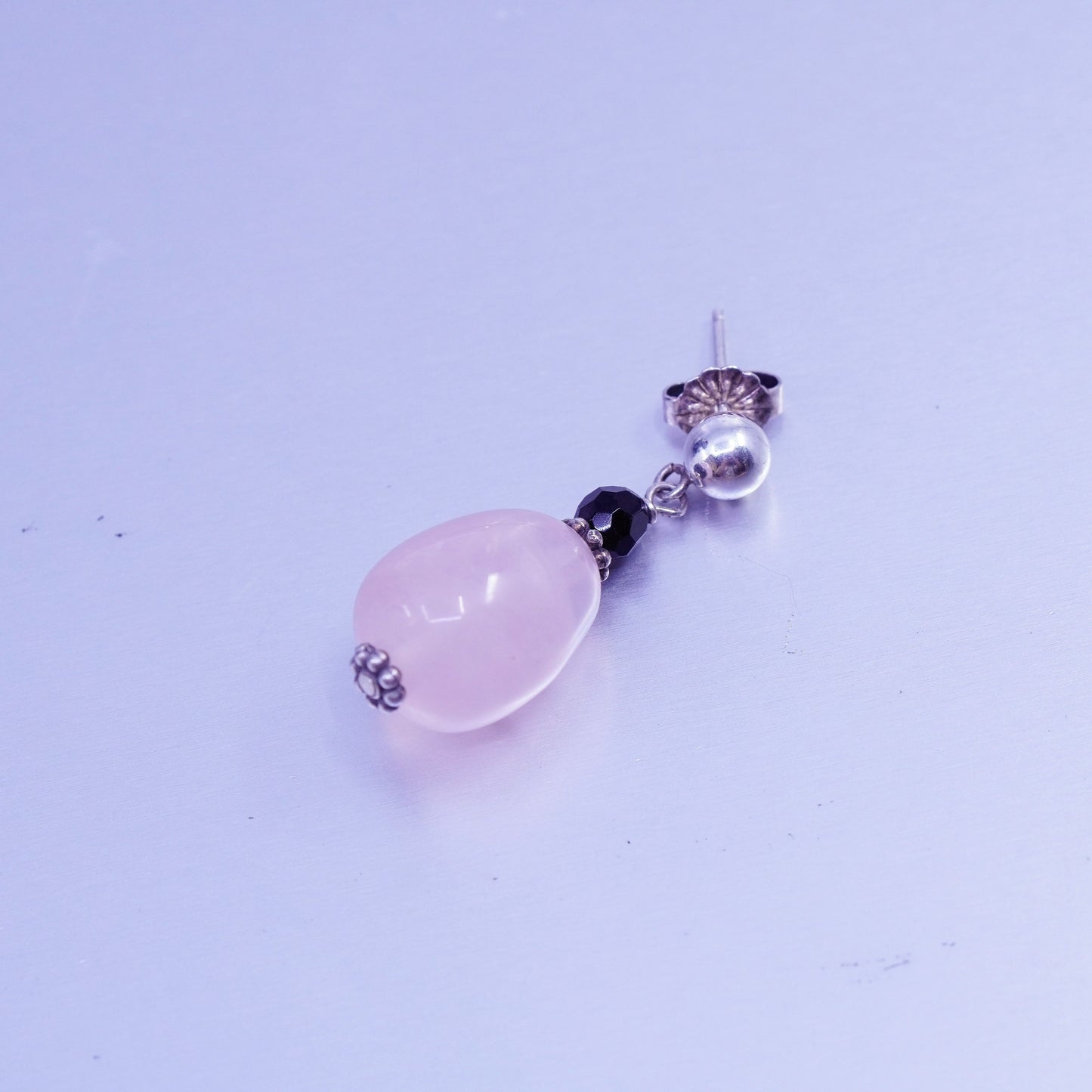 Vintage Sterling 925 silver handmade earrings with pink rose quartz