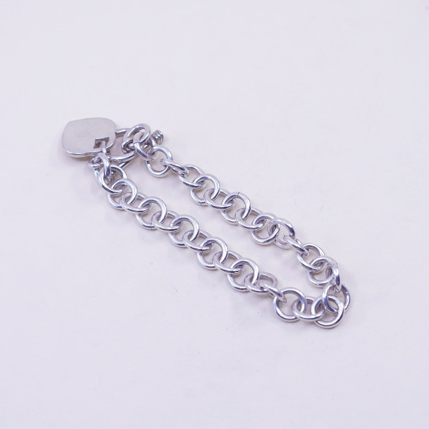 6.75”, Vintage sterling silver bracelet, handmade 925 circle chain heart charm