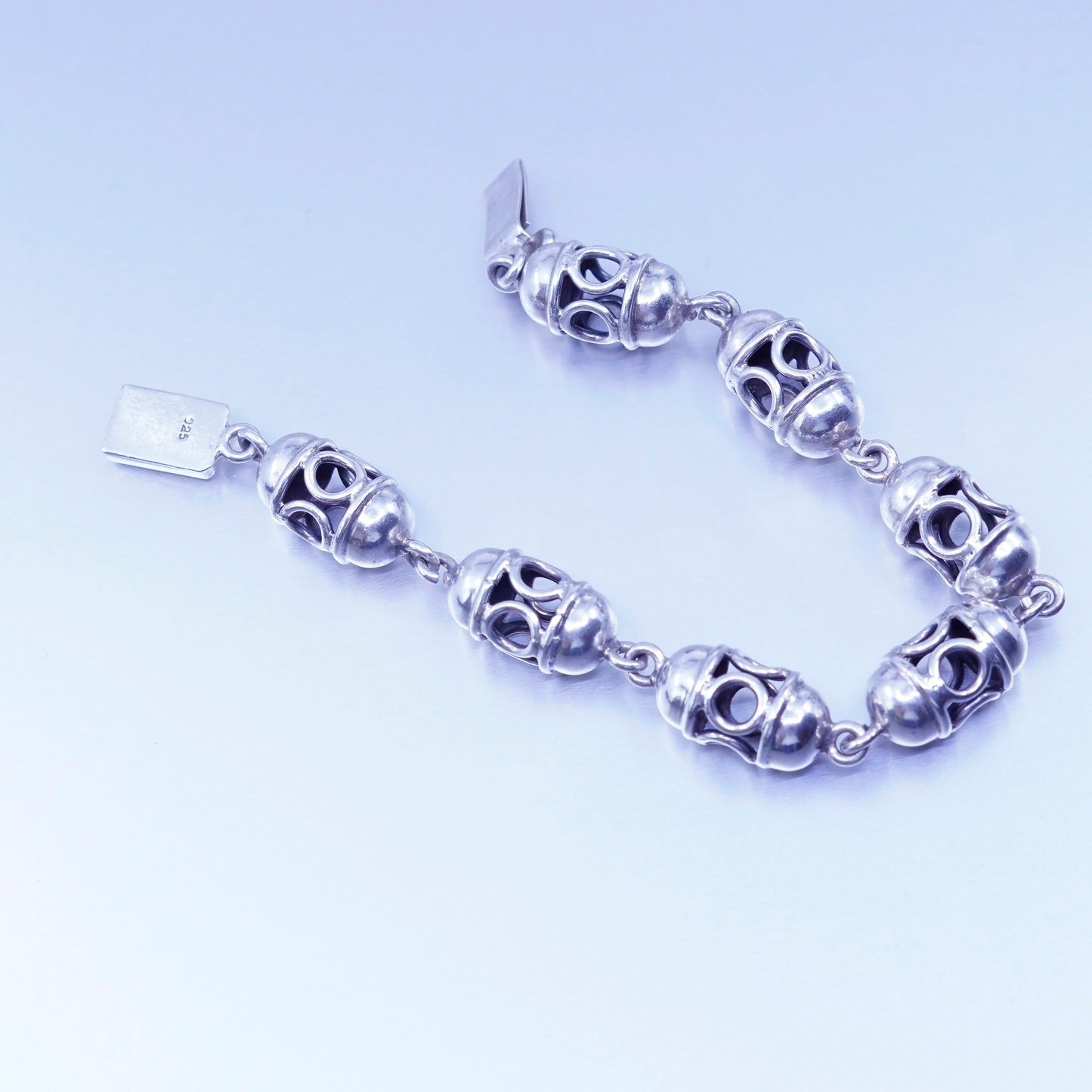 6.75”, vtg Mexico Sterling 925 silver handmade bracelet, filigree beads chain
