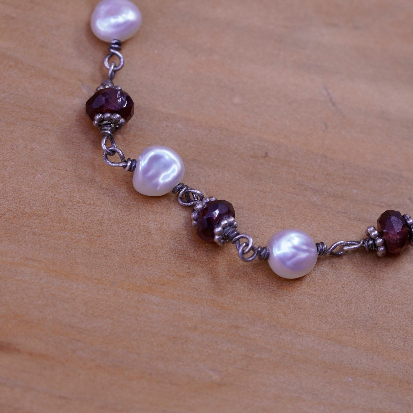 6.75”, vintage Sterling 925 silver beads bracelet with garnet and pearl