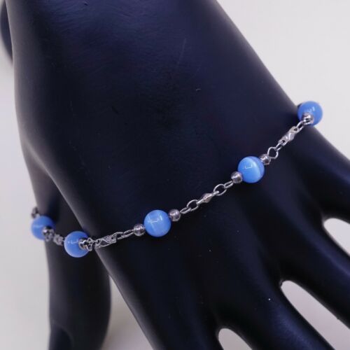 7.75”, Vtg Sterling 925 Silver Handmade Bead Bracelet, Blue Tiger’s Eye beads