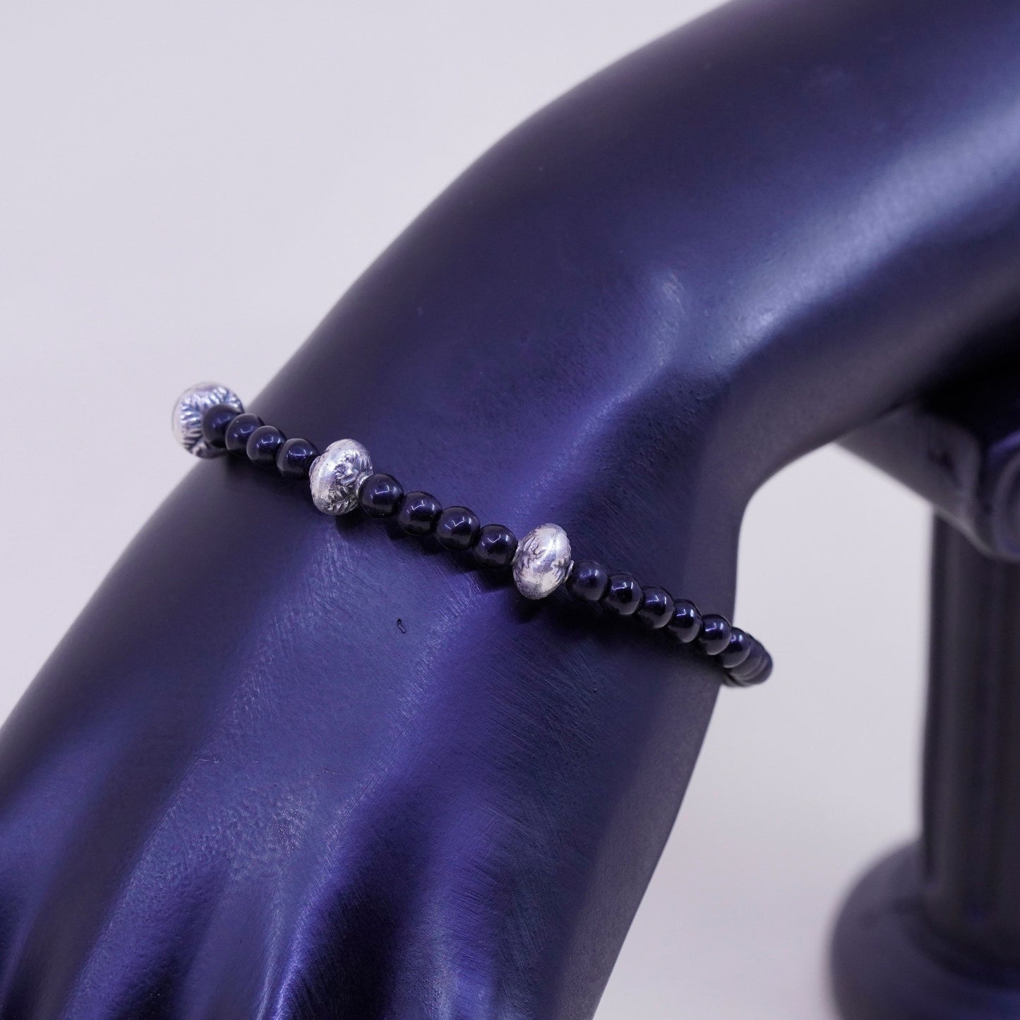 6.25”, Vintage Sterling 925 silver bracelet with obsidian beads