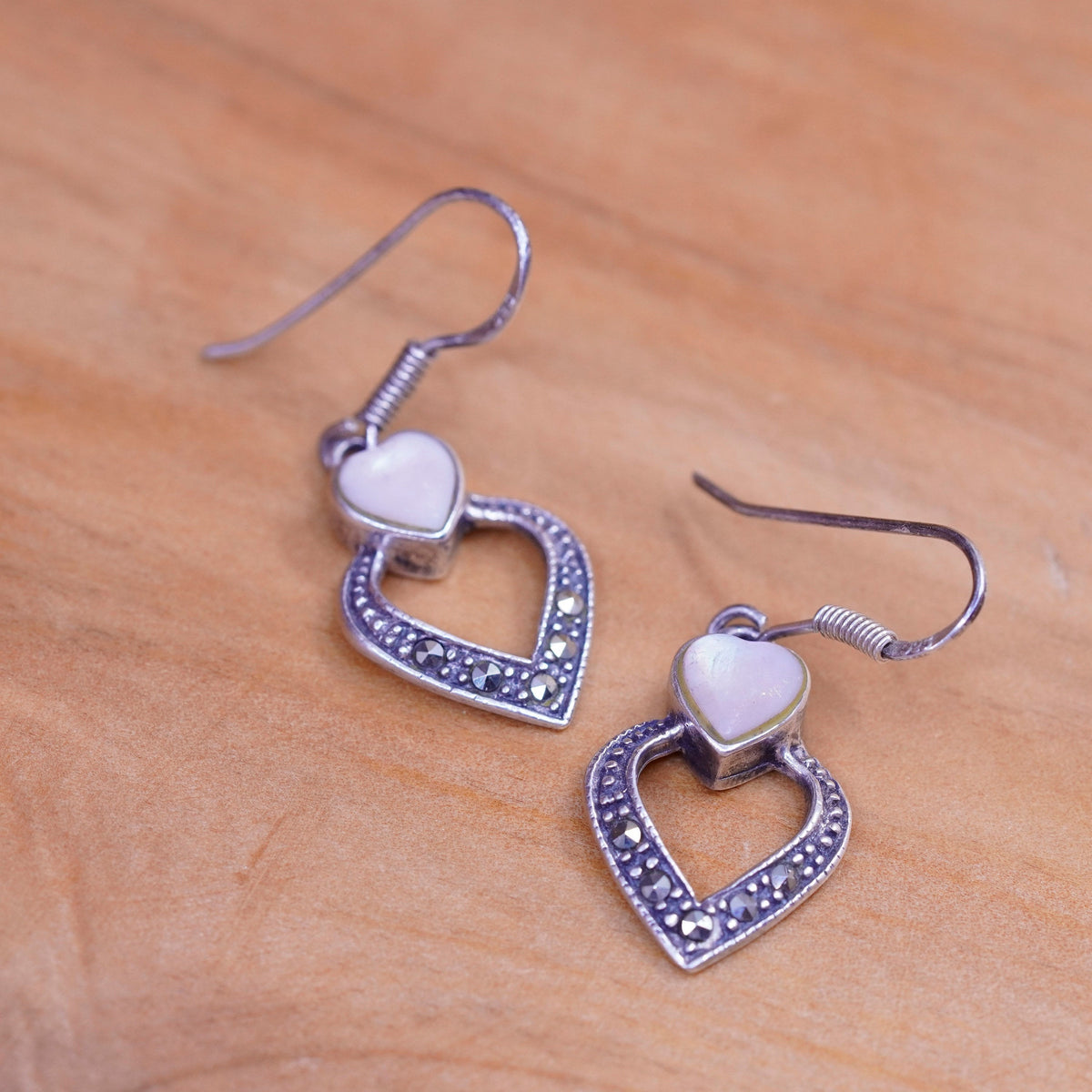 Sterling 925 silver handmade earrings with heart mother of pearl Marcasite