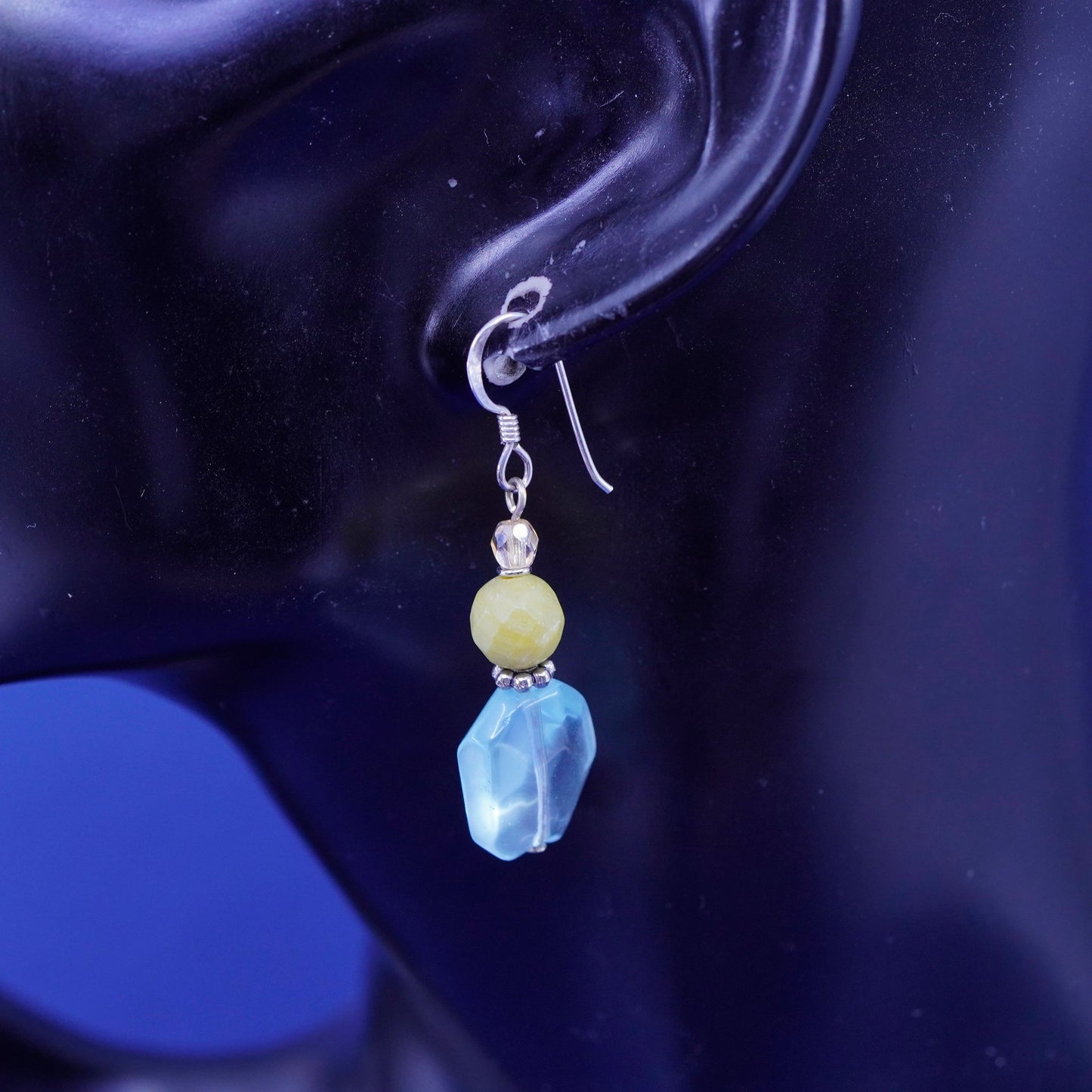 Vintage Sterling 925 silver handmade earrings with blue crystal and jade bead