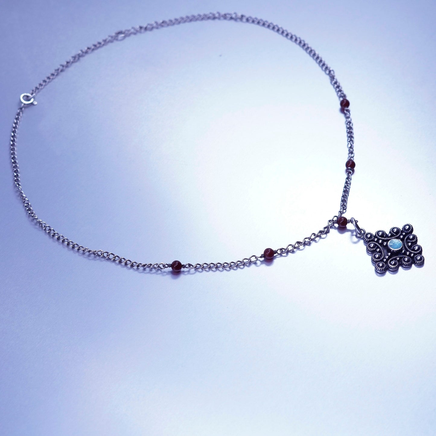 16+2”, native American Sterling 925 silver necklace garnet turquoise pendant