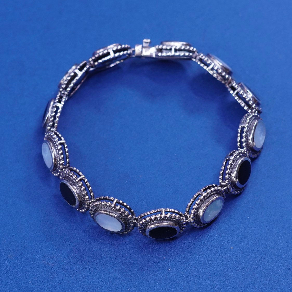 7.25", vtg Sterling silver handmade tennis bracelet, 925 w/ obsidian N MOP