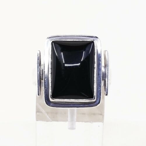 Sz 7.75, Vtg Sterling Silver Handmade Ring, 925 Silver Band W Obsidian Inlay