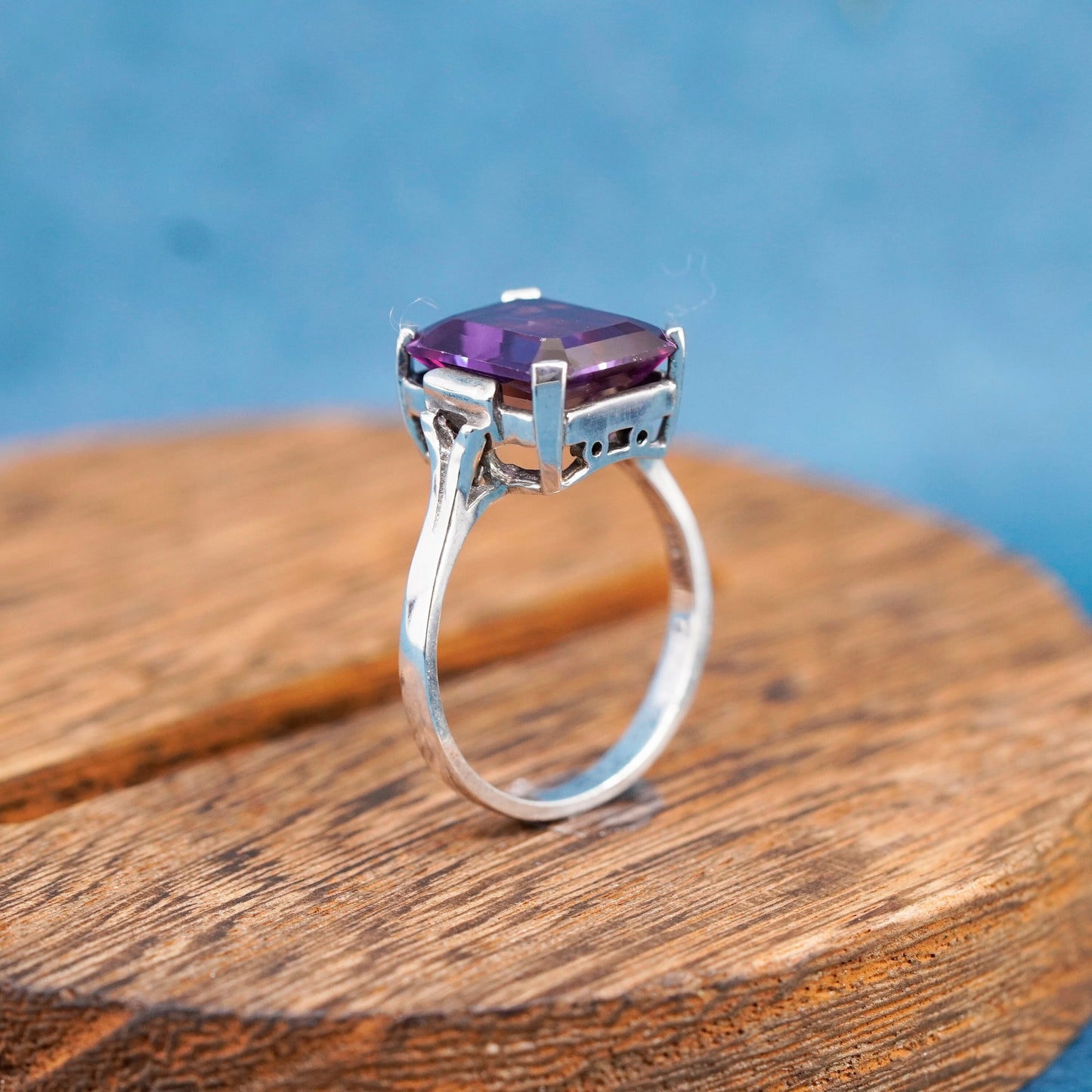 Size 10.75, vintage CA Sterling 925 silver handmade ring with amethyst