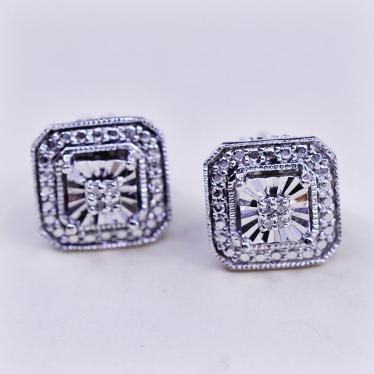 Vintage sterling silver handmade earrings, 925 square shaped studs with diamond