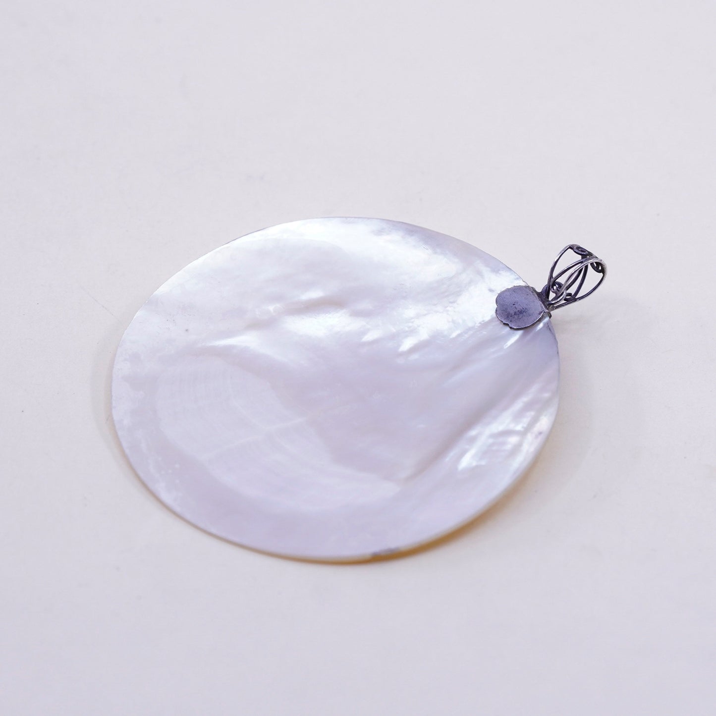 Vintage sterling silver handmade pendant, huge 925 round circle mother of pearl