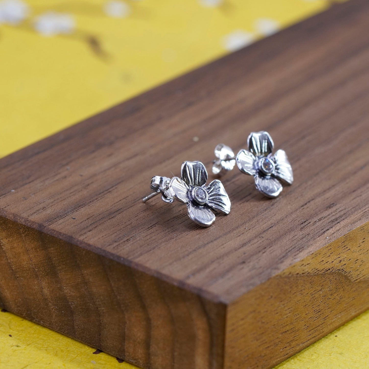 Vintage Sterling 925 silver handmade studs, flower earrings with cz