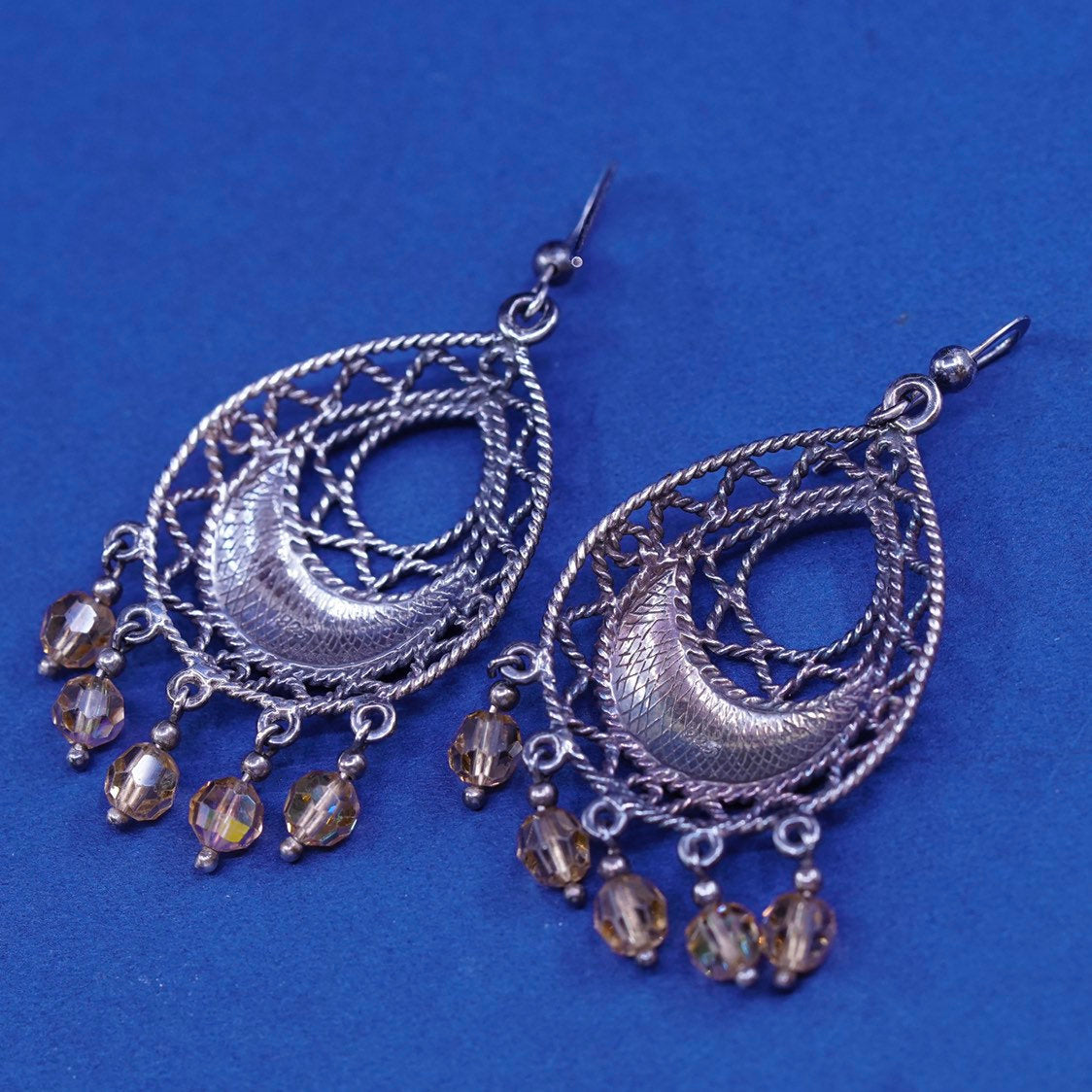 Sterling silver handmade earrings, 925 filigree teardrop drops fringe crystal