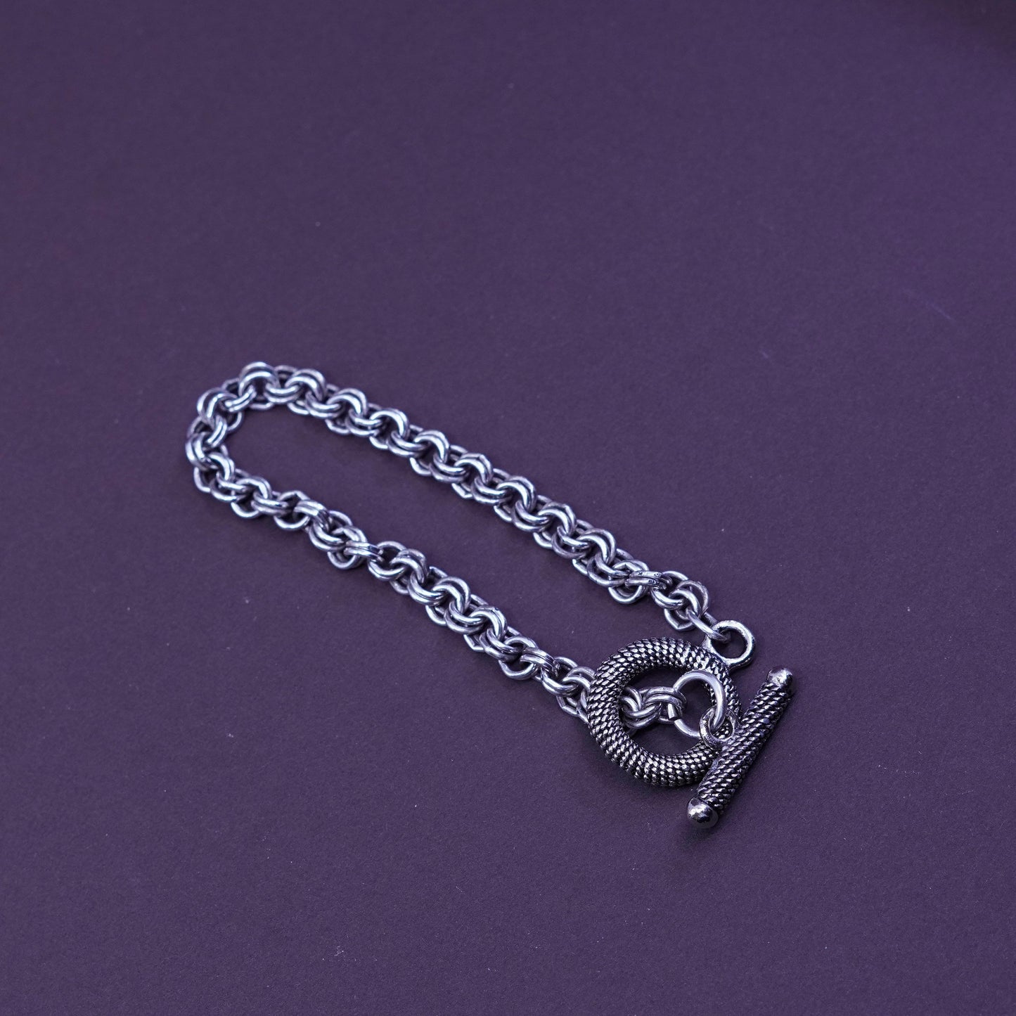 6.5”, Sterling silver handmade charm bracelet, 925 double circle link chai