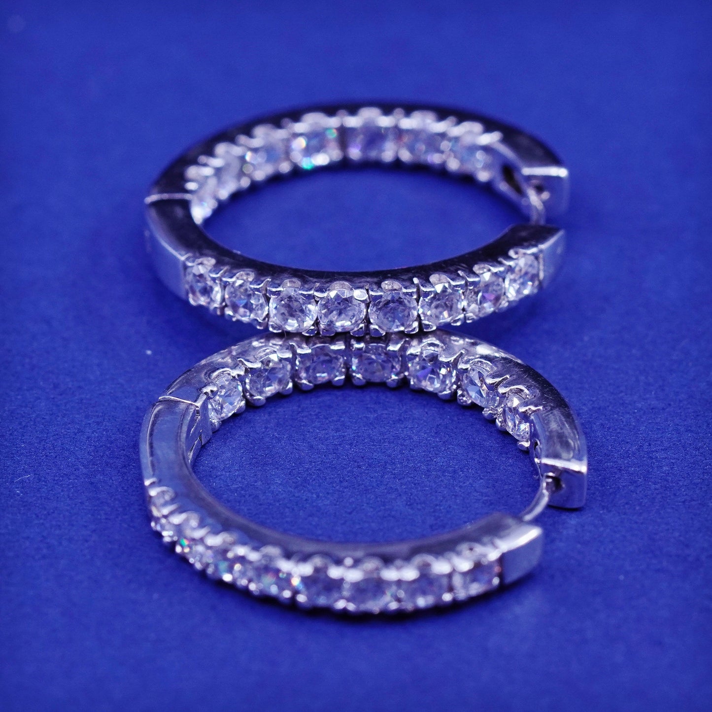 1”, Vintage Sterling silver earrings, 925 hoops, huggie with CZ inlay