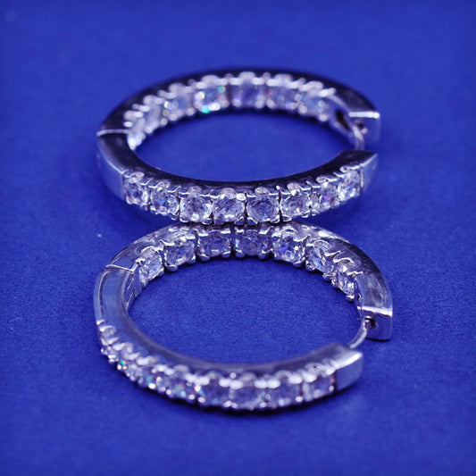 1”, Vintage Sterling silver earrings, 925 hoops, huggie with CZ inlay