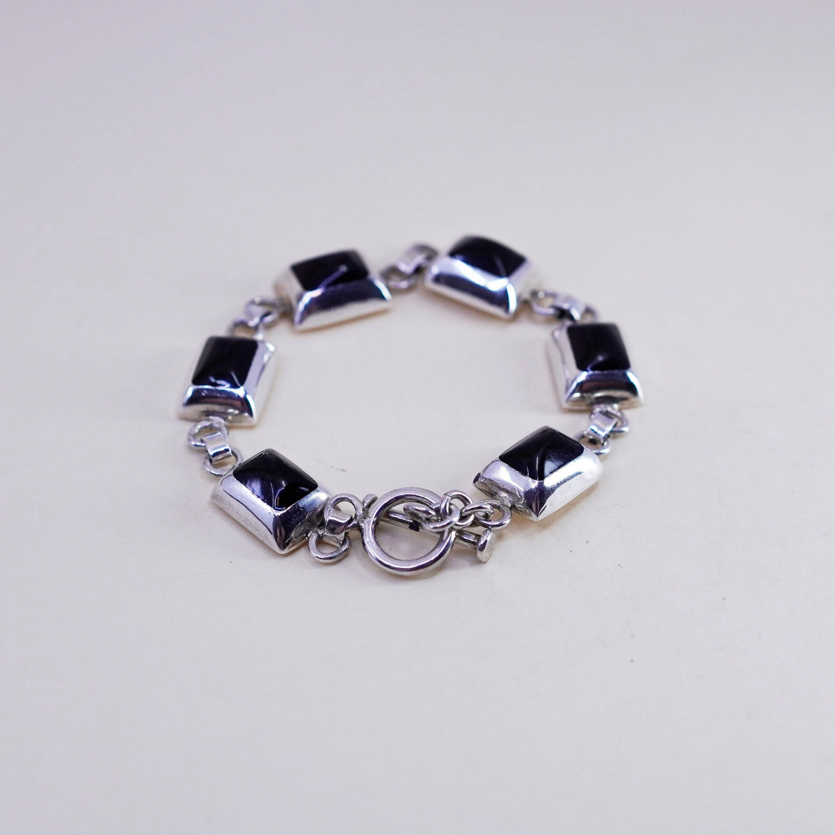 7”, Vintage mexico Sterling 925 silver handmade bracelet with onyx