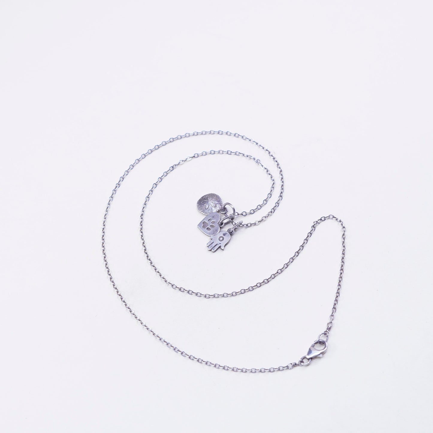 18”, sterling silver necklace, 925 chain heart paw hand sand dollar Pendant