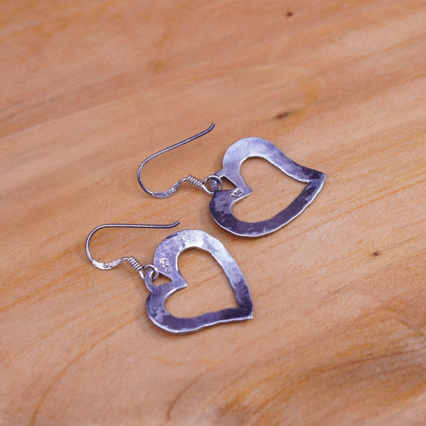 Vintage Sterling silver handmade earrings, 925 hammered heart drops