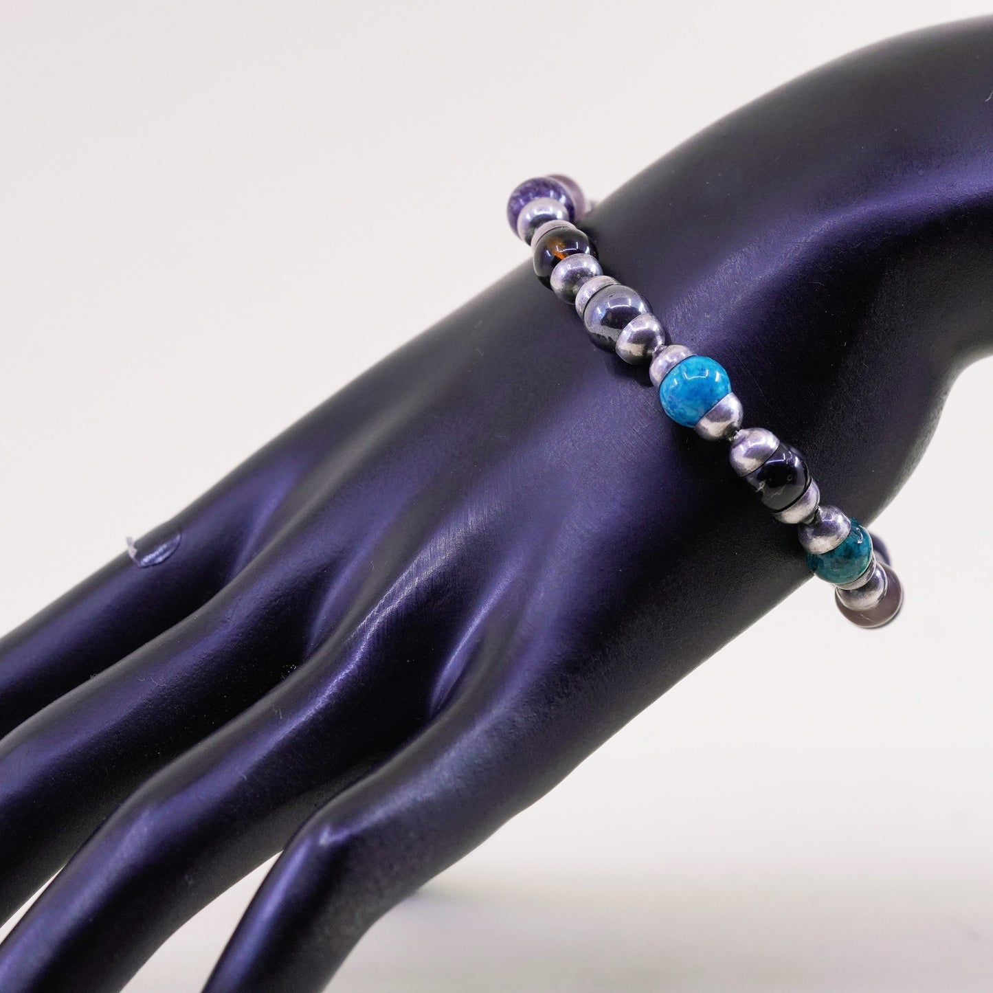 6.75”, Mexico Sterling 925 silver bracelet onyx sodalite jasper hematite amber