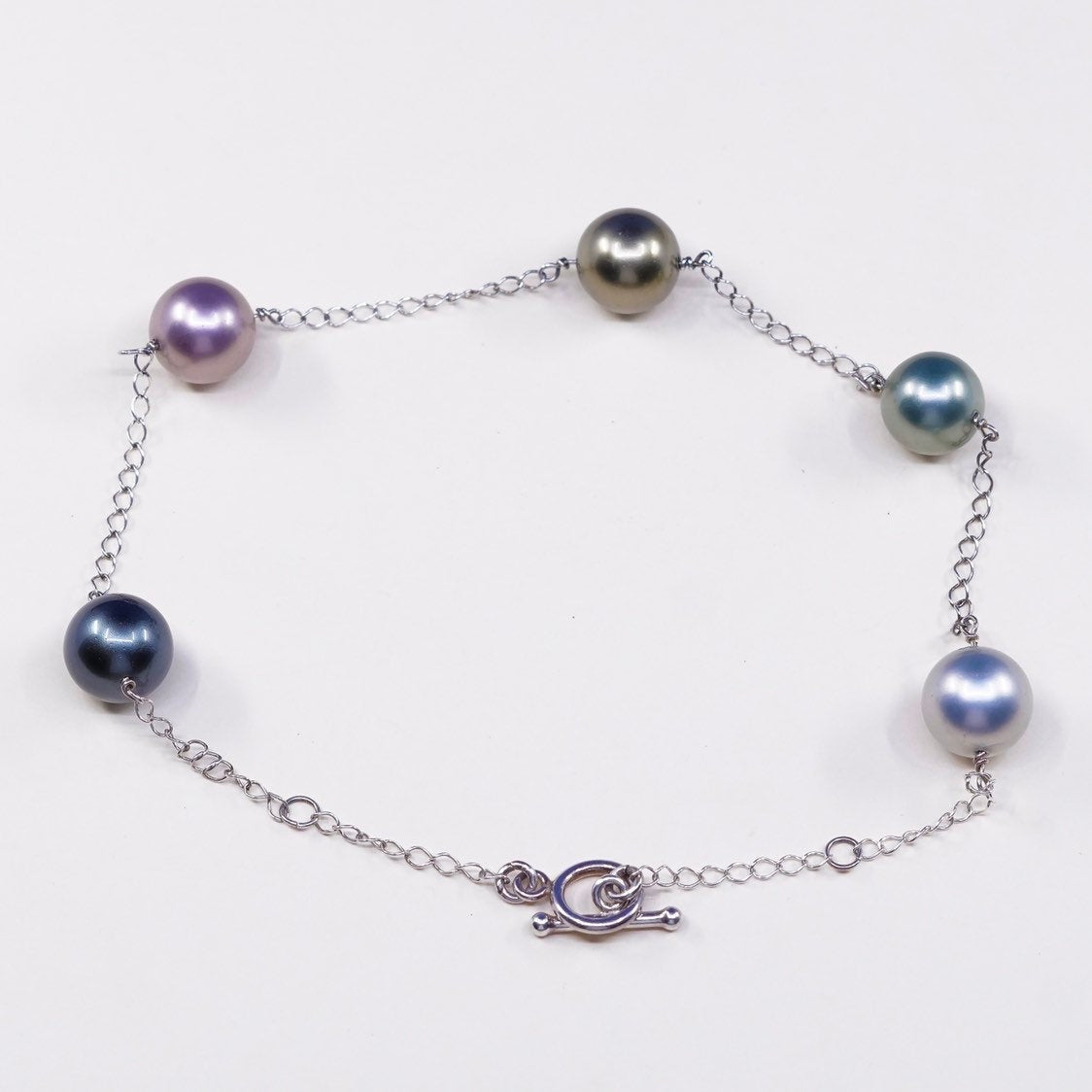 16", vtg Sterling silver handmade circle necklace, 925 w/ pearl beads