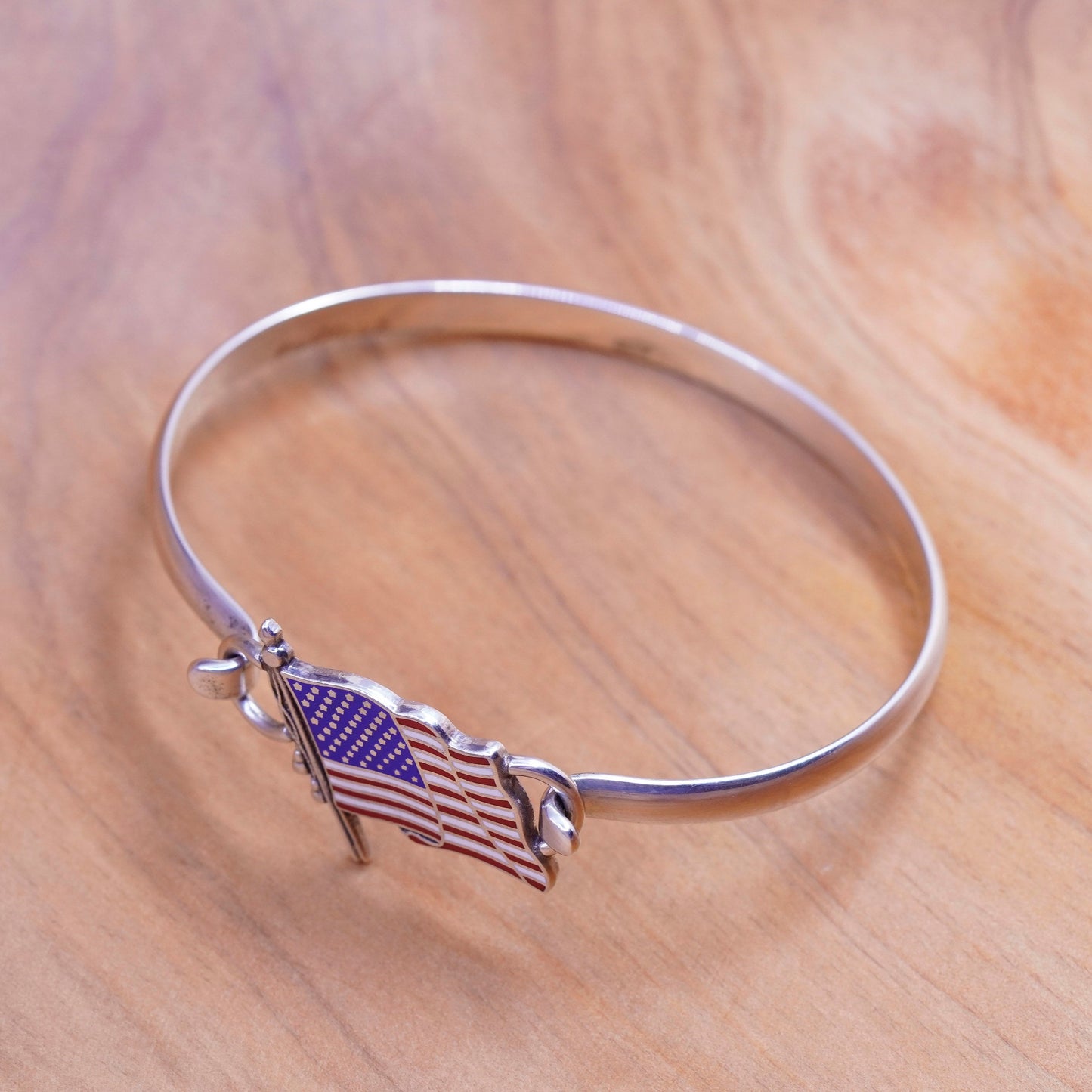 6.5”, sterling silver handmade bracelet, hinged bangle enamel American flag