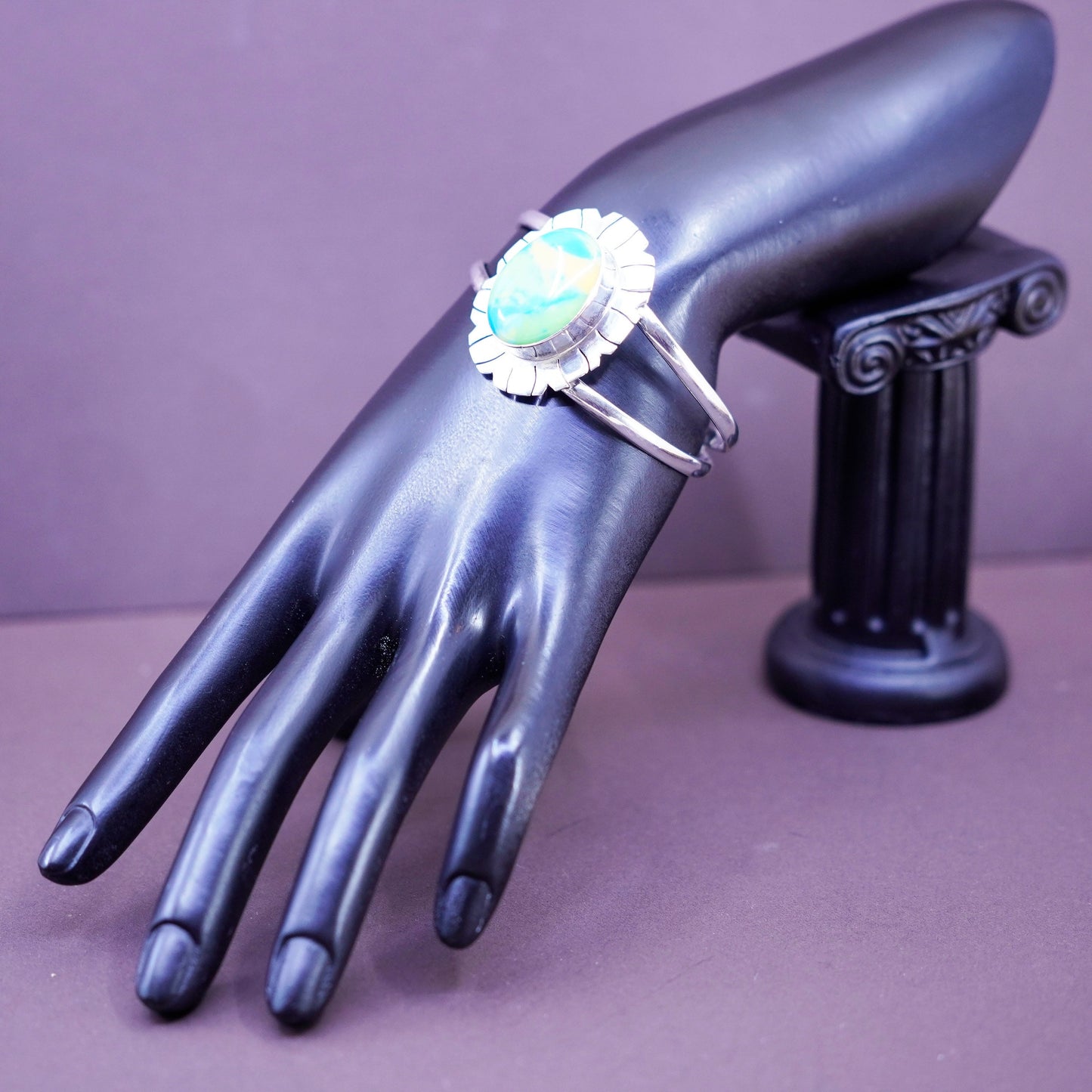 6.5”, antique sterling silver handmade bracelet, 925 cuff aqua blue rain flower
