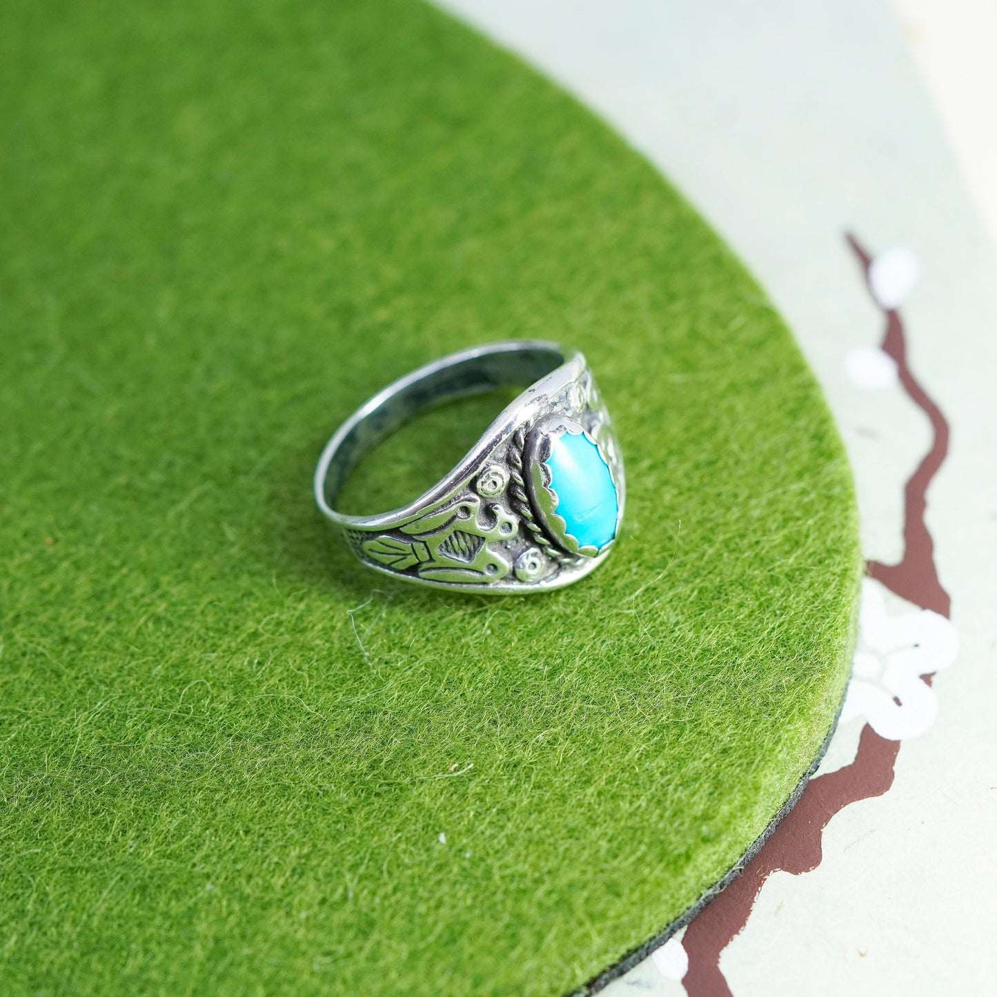 Size 9.5, Native American sterling silver ring, 925 band turquoise thunderbird