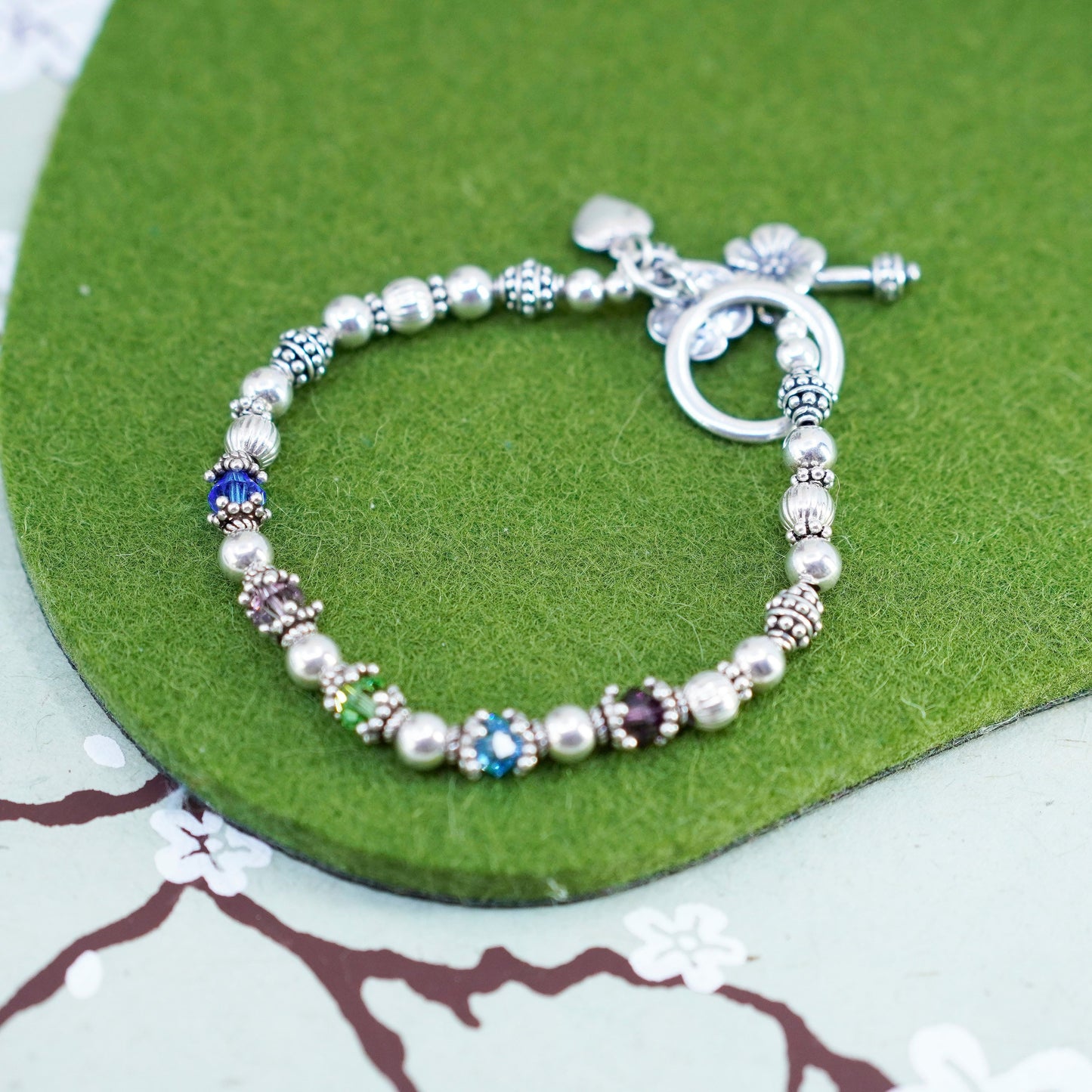 6”, Vintage Sterling 925 silver handmade beads bracelet with crystals flower