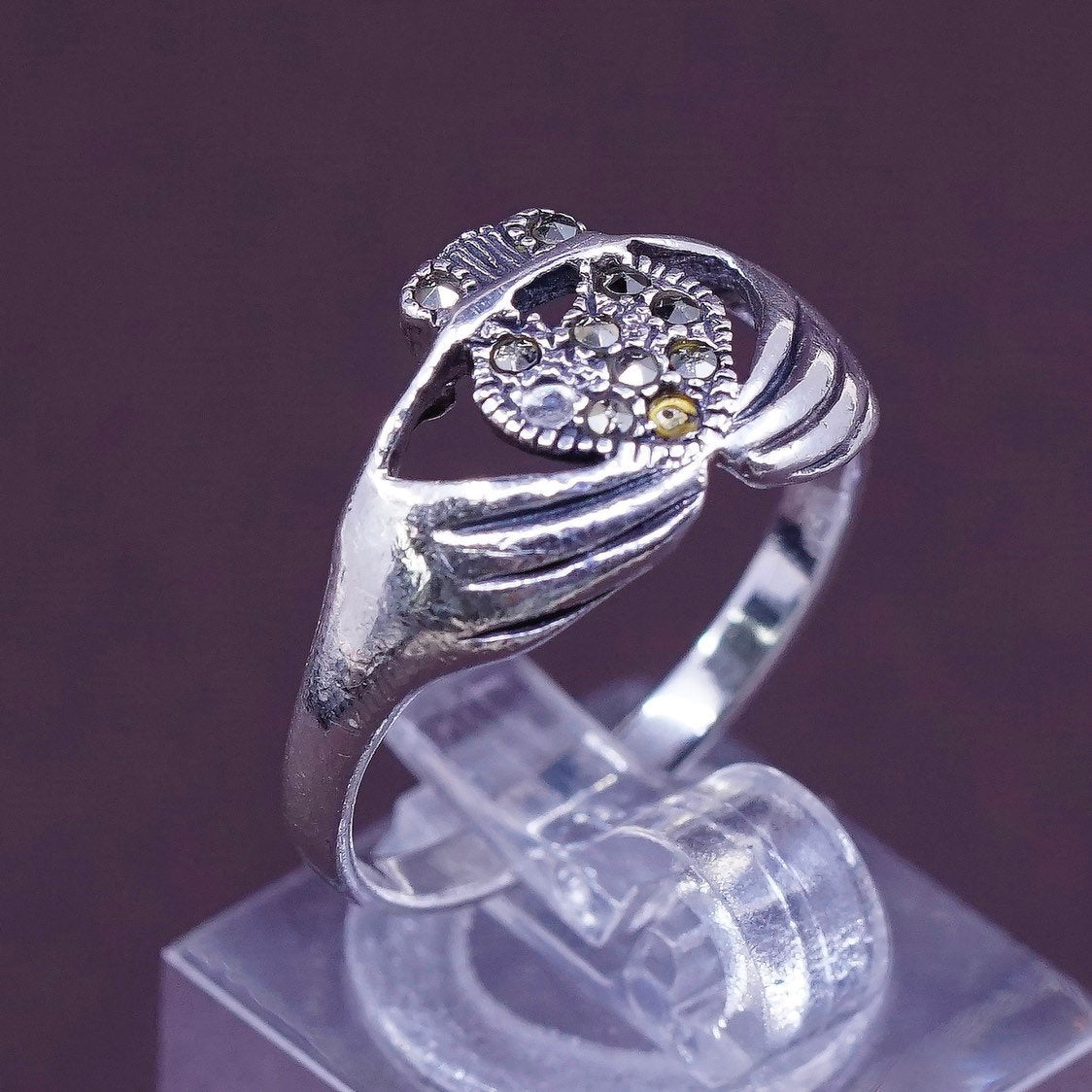 sz 9, sterling silver handmade claddagh ring, holding marcasite heart 925 band