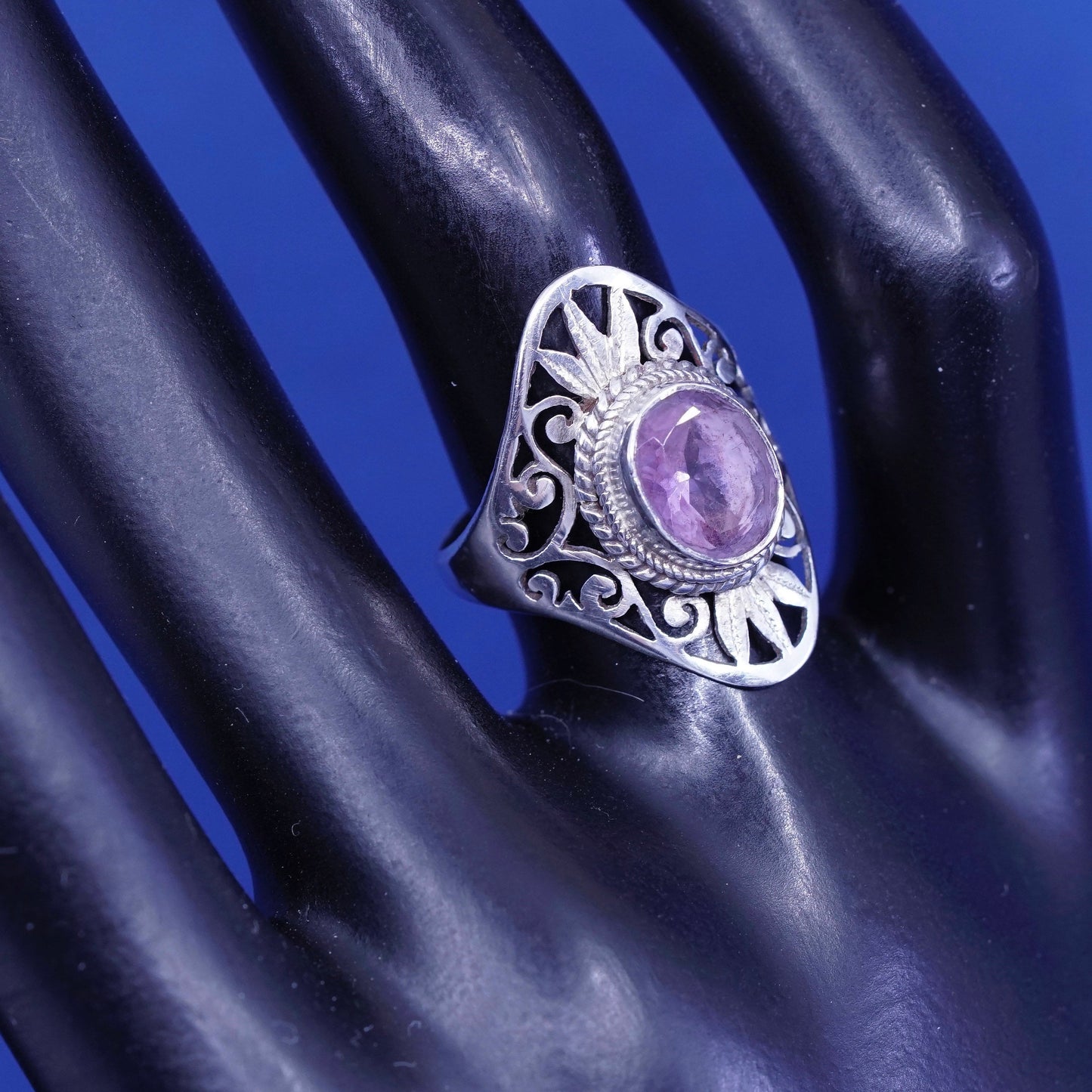 Size 6 Vintage Sterling 925 silver filigree handmade ring with amethyst
